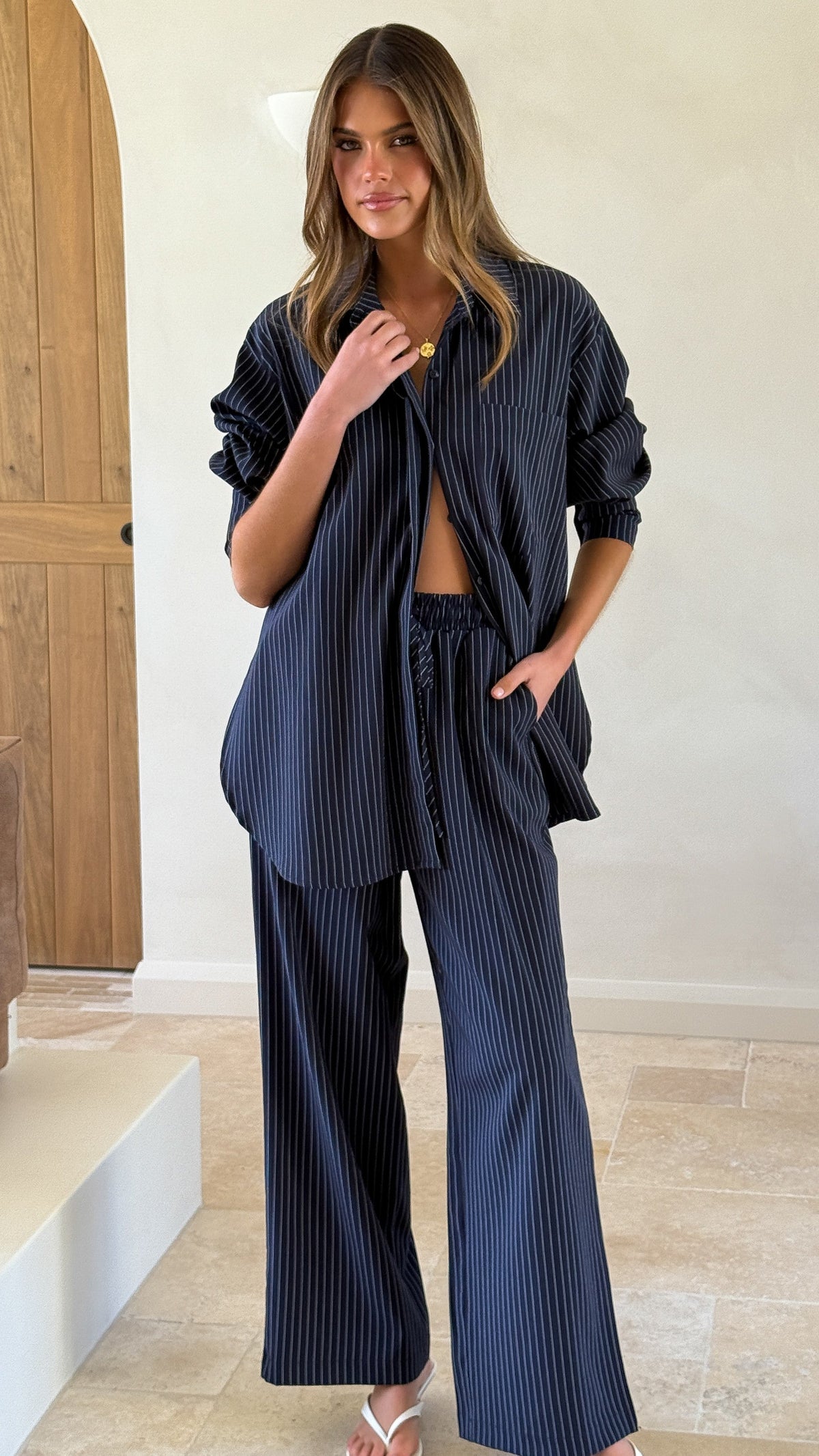 Zaila Elasticated Waist Wide Leg Trousers – Navy/White Stripe