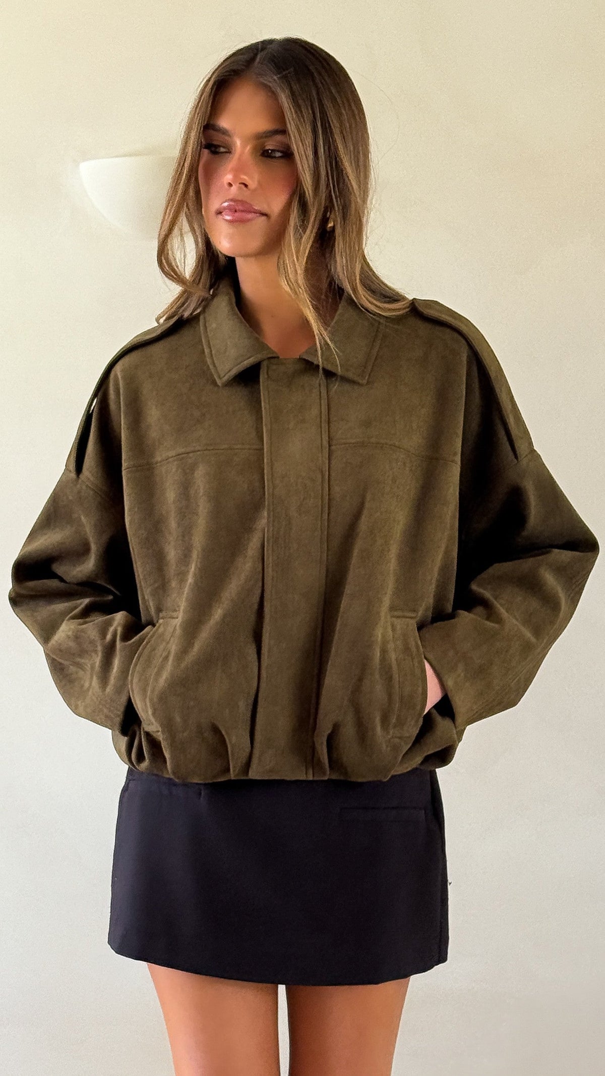 Leela Faux Suede Collared Bomber Jacket with Bubble Hem – Khaki – view 3