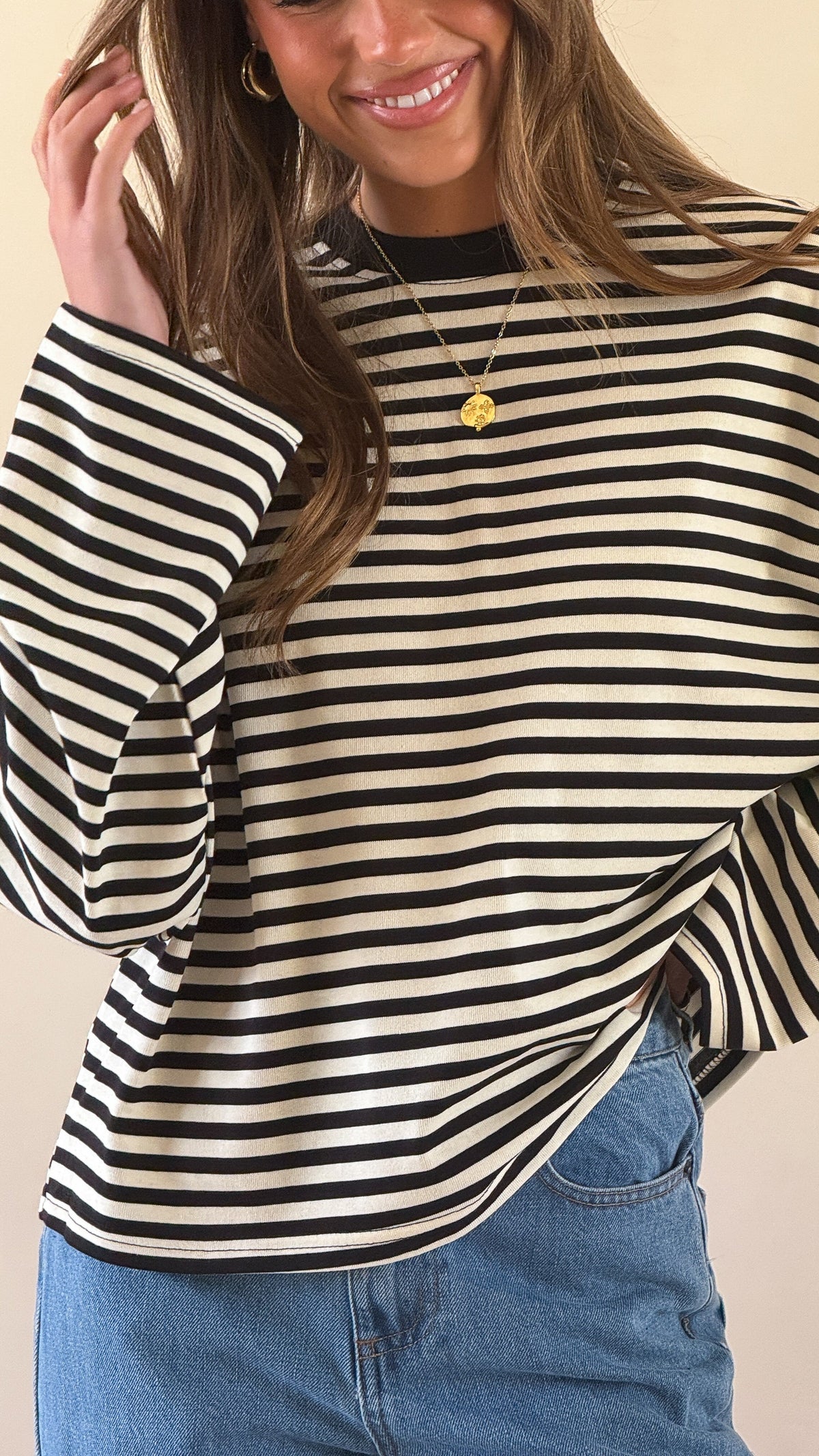 Solana Relaxed Crew Neck Long Sleeve Top – Black/White Stripe – view 4