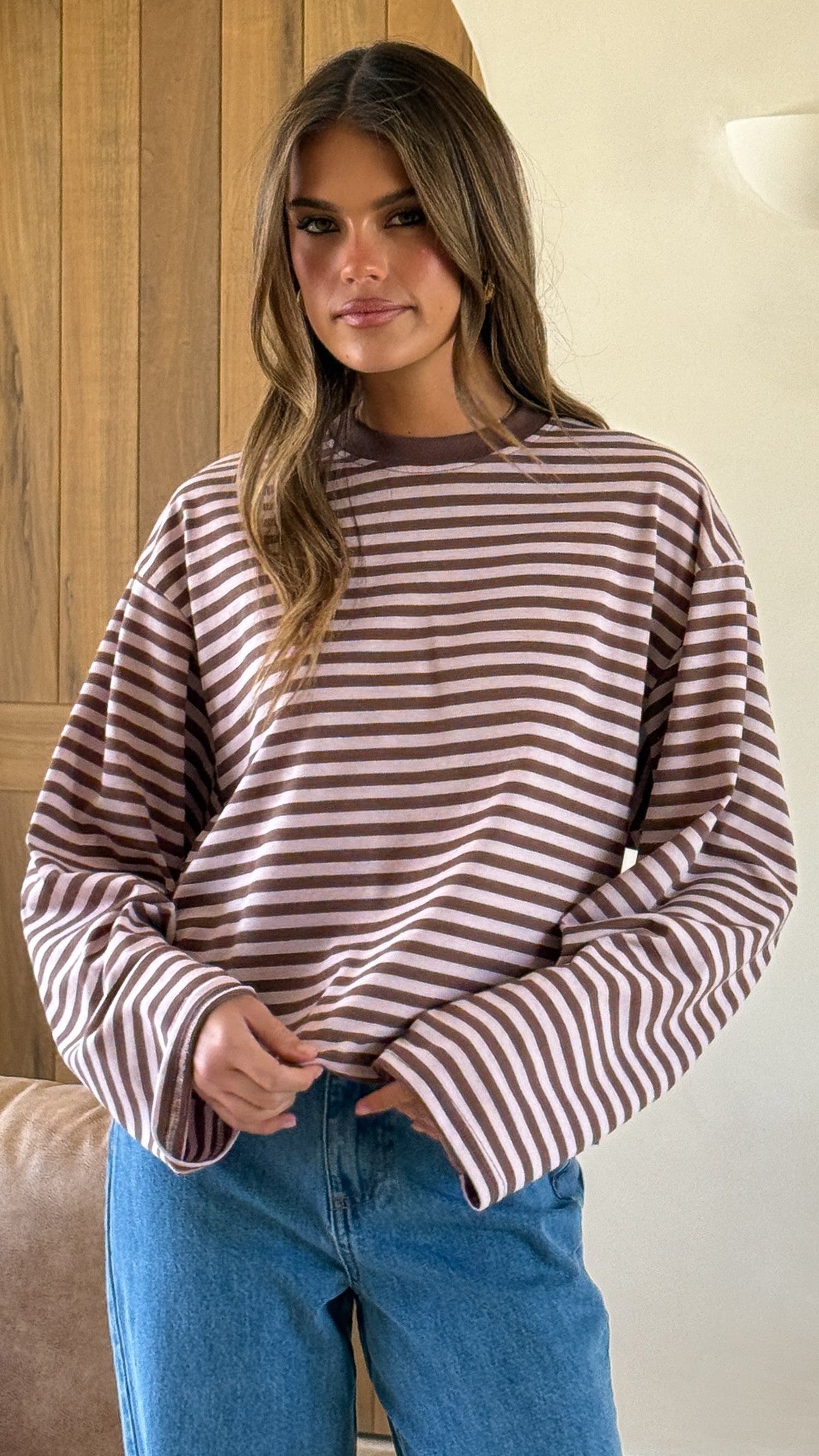 Solana Crew Neck Relaxed Fit Long Sleeve Top – Pink/Choc Stripe – view 4