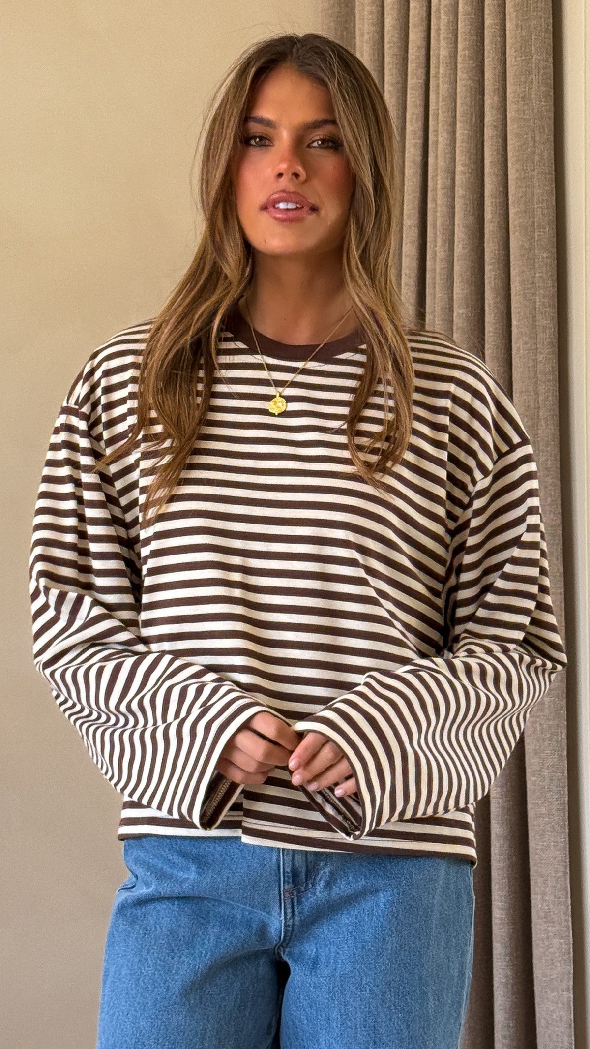 Solana Relaxed Fit Long Sleeve Crew Neck Top – Choc/White Stripe – view 9