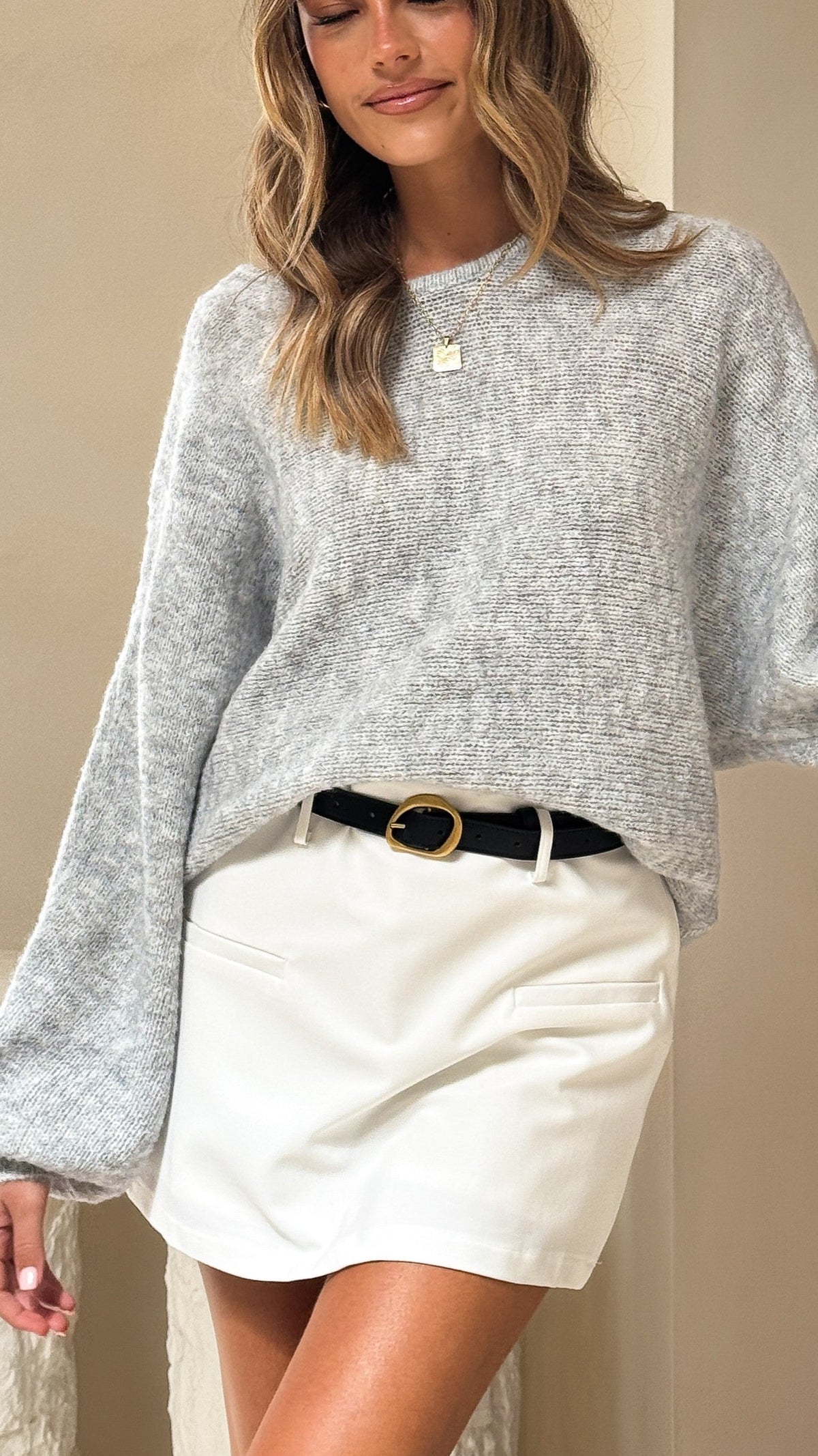 Isabella V-Neck Balloon Sleeve Relaxed Knit Jumper – Grey – view 4