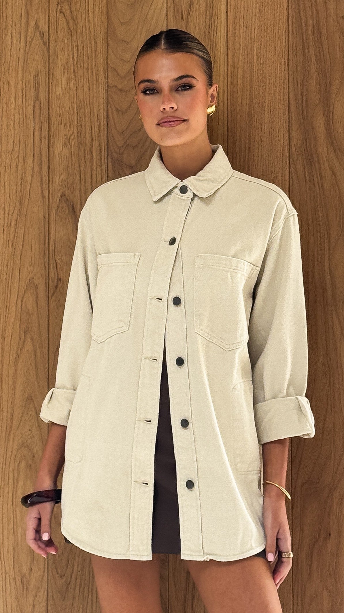 Dixon Oversized Longline Cotton Jacket with Button Front – Sand – view 5