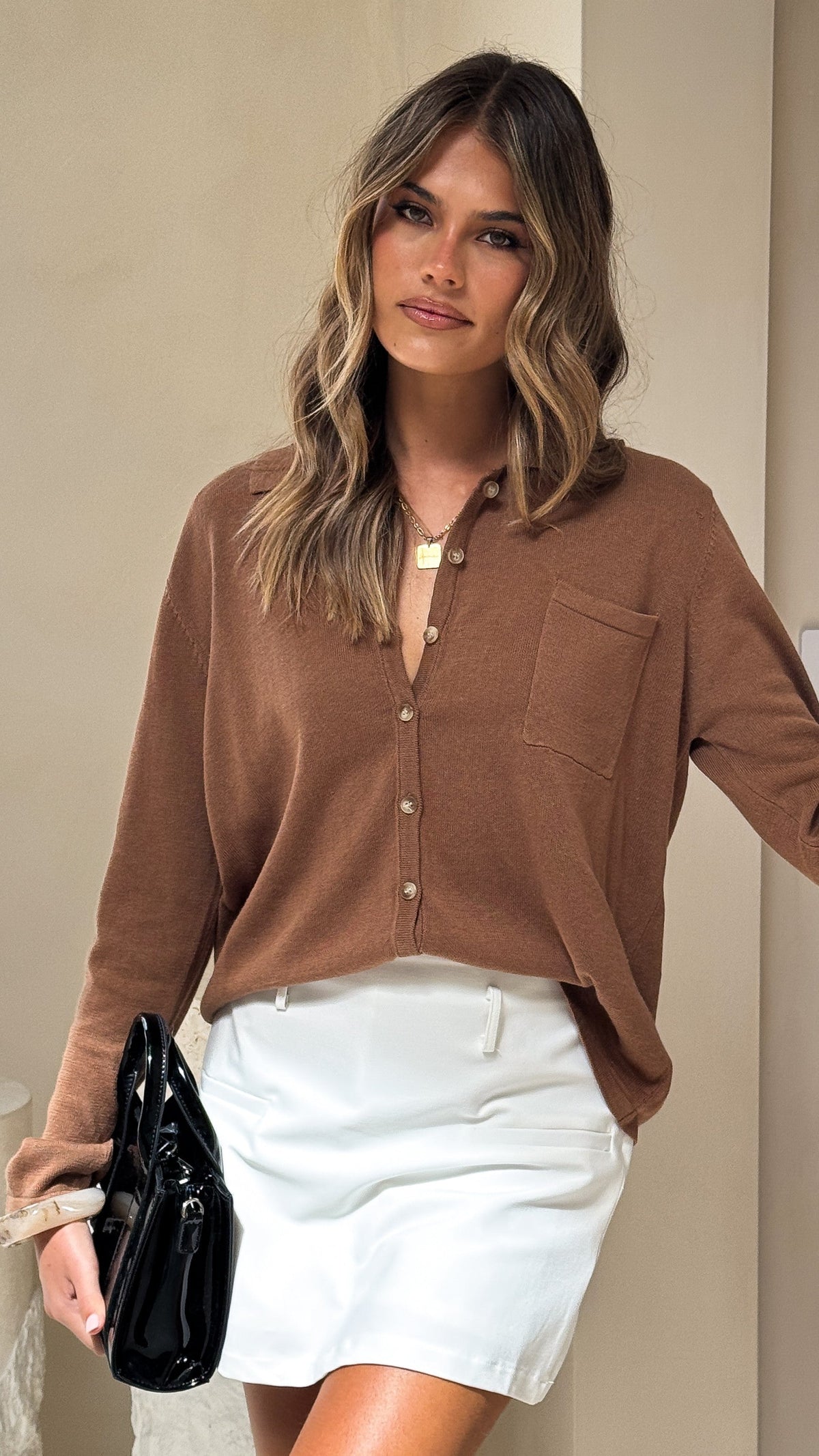 Klara Relaxed Collared Knitted Shirt with Front Pocket – Caramel – view 7