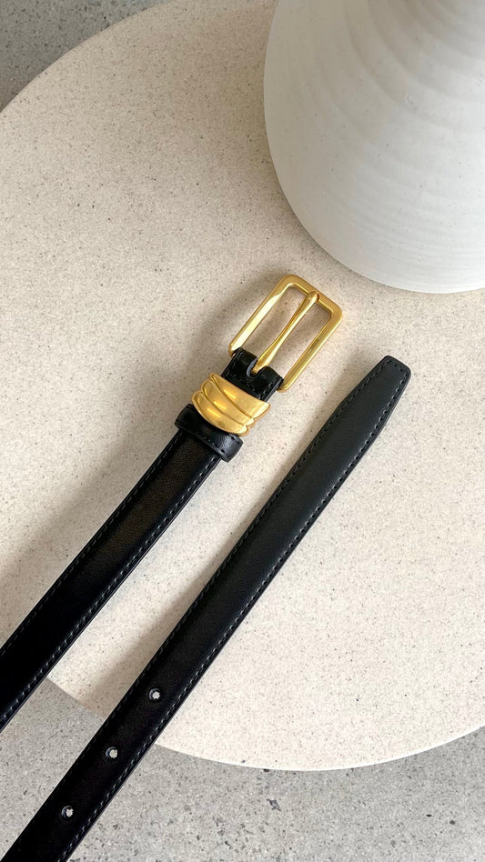 Elena PU Leather Belt with Gold Buckle Detail – Black