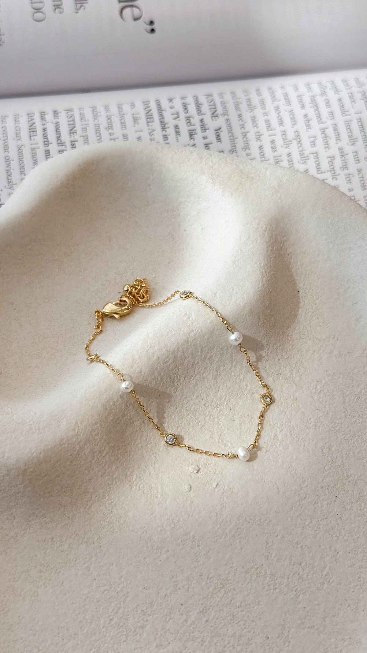 Nina Freshwater Pearl and Crystal Fine Chain Bracelet – Gold – view 1