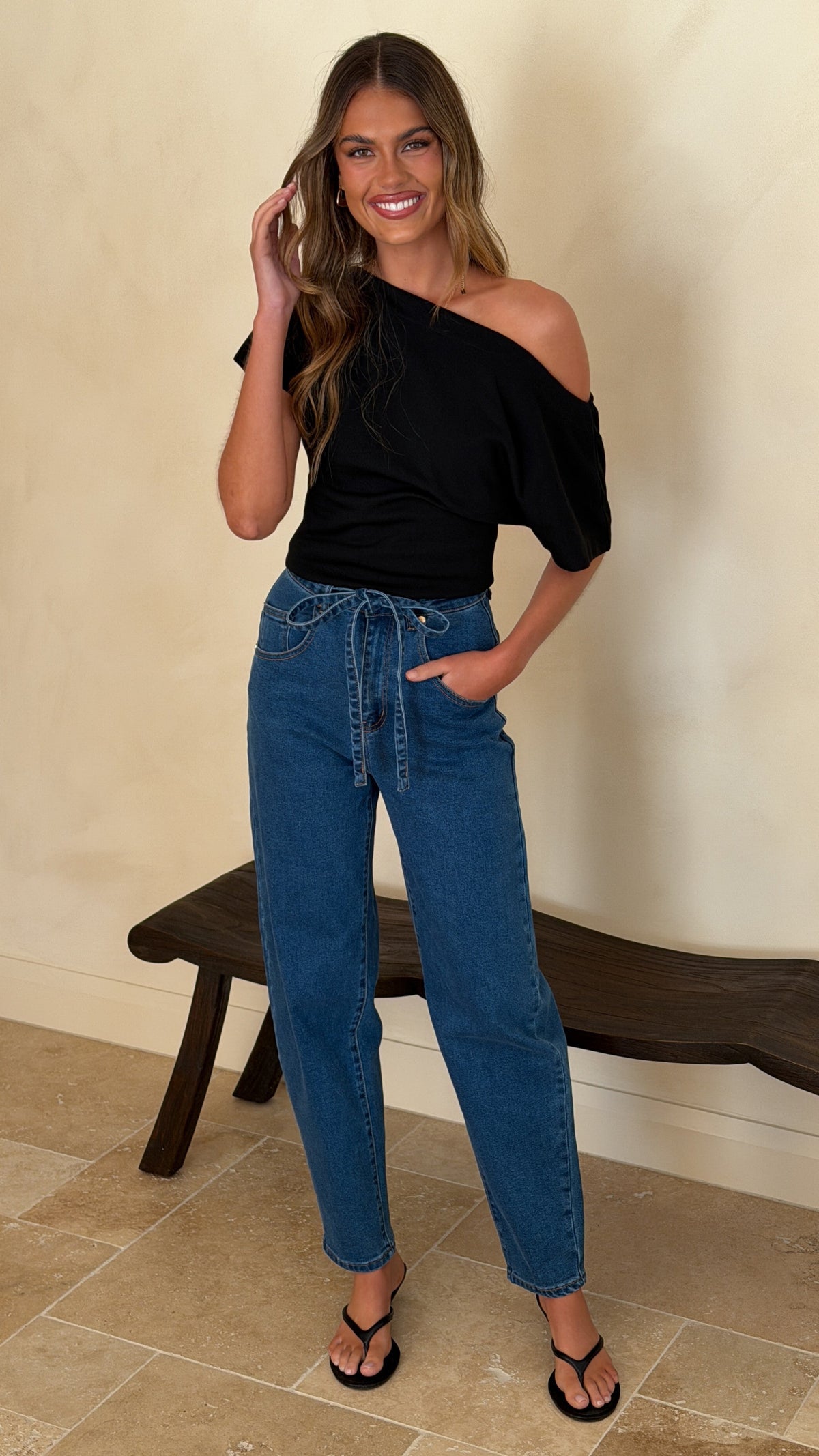 Clove High Waisted Barrel Leg Jeans with Waist Tie – Dark Denim – view 1