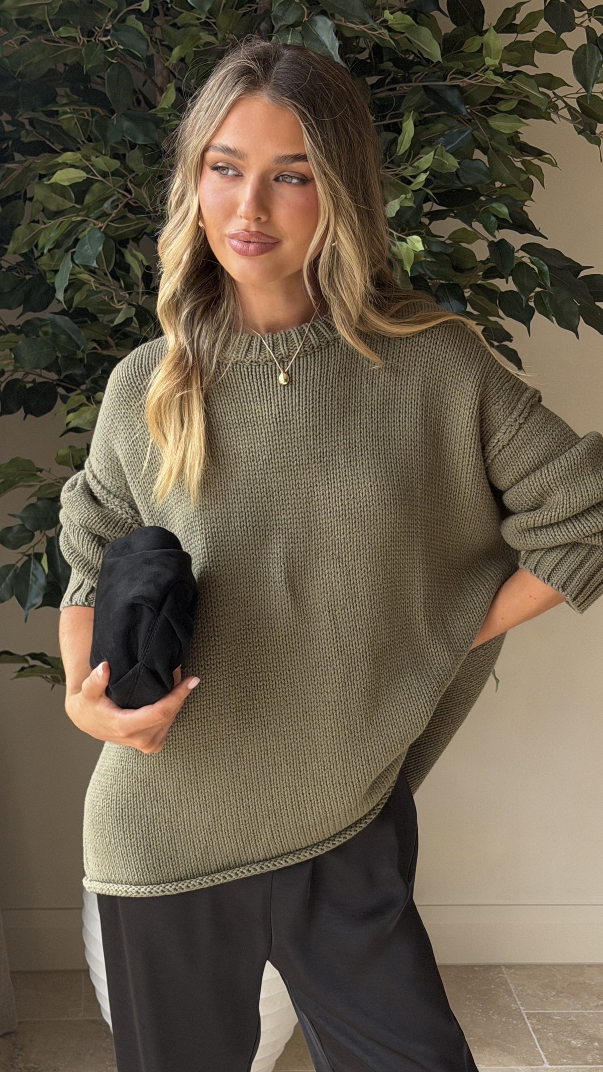 Jase Relaxed Crew Neck Rolled Hem Cotton Knit Jumper – Khaki – view 8