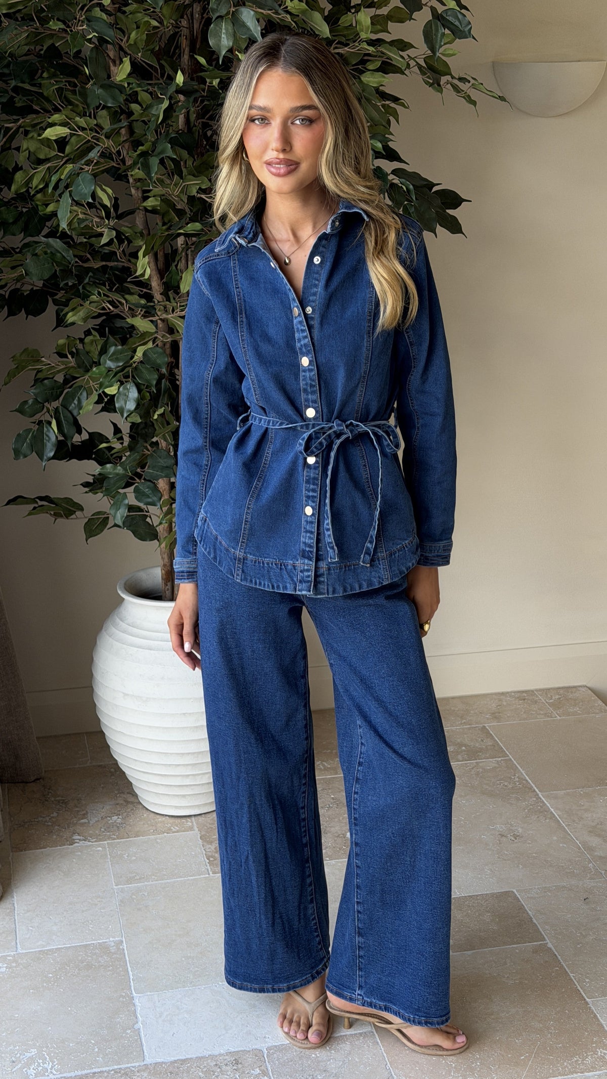 Nyra High Waisted Wide Leg Jeans with Waist Tie – Dark Denim – view 9