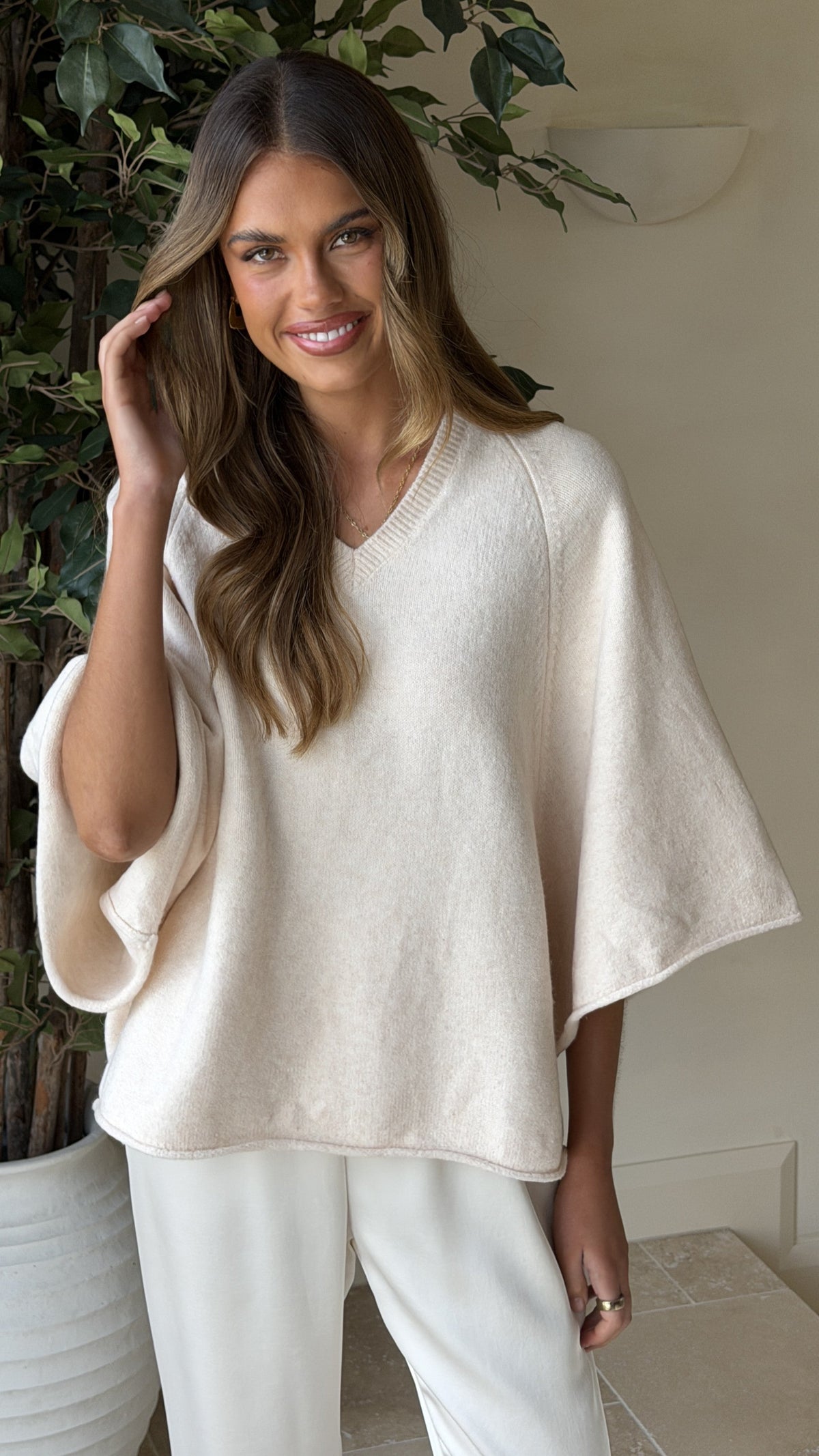 Paisley Ribbed V Neck Bat Sleeve Boxy Knit Top – Beige – view 7