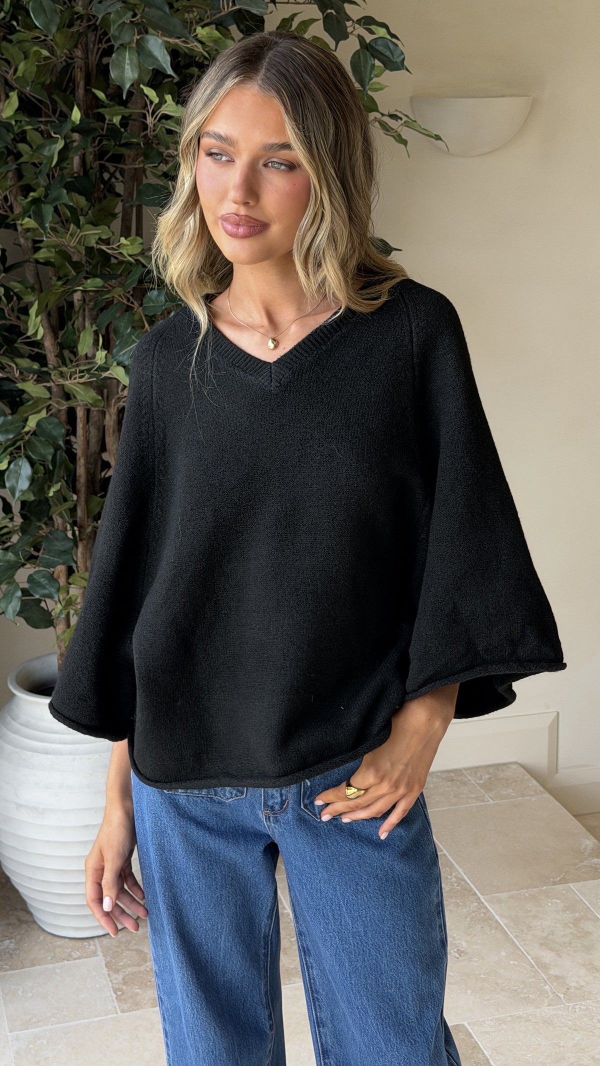 Paisley Ribbed V Neck Bat Sleeve Boxy Knit Top – Black – view 5