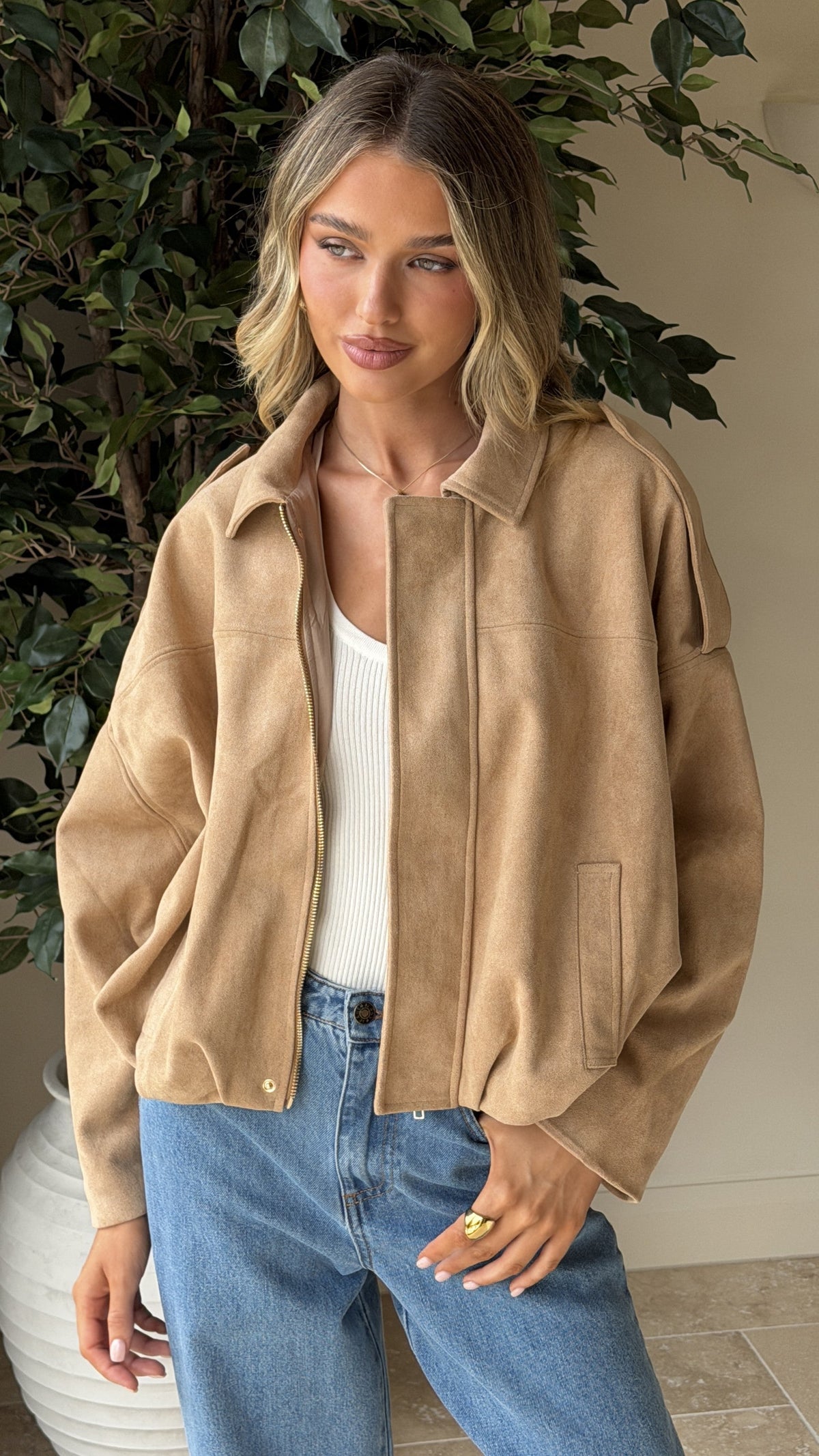 Leela Faux Suede Collared Bomber Jacket with Bubble Hem – Camel – view 8