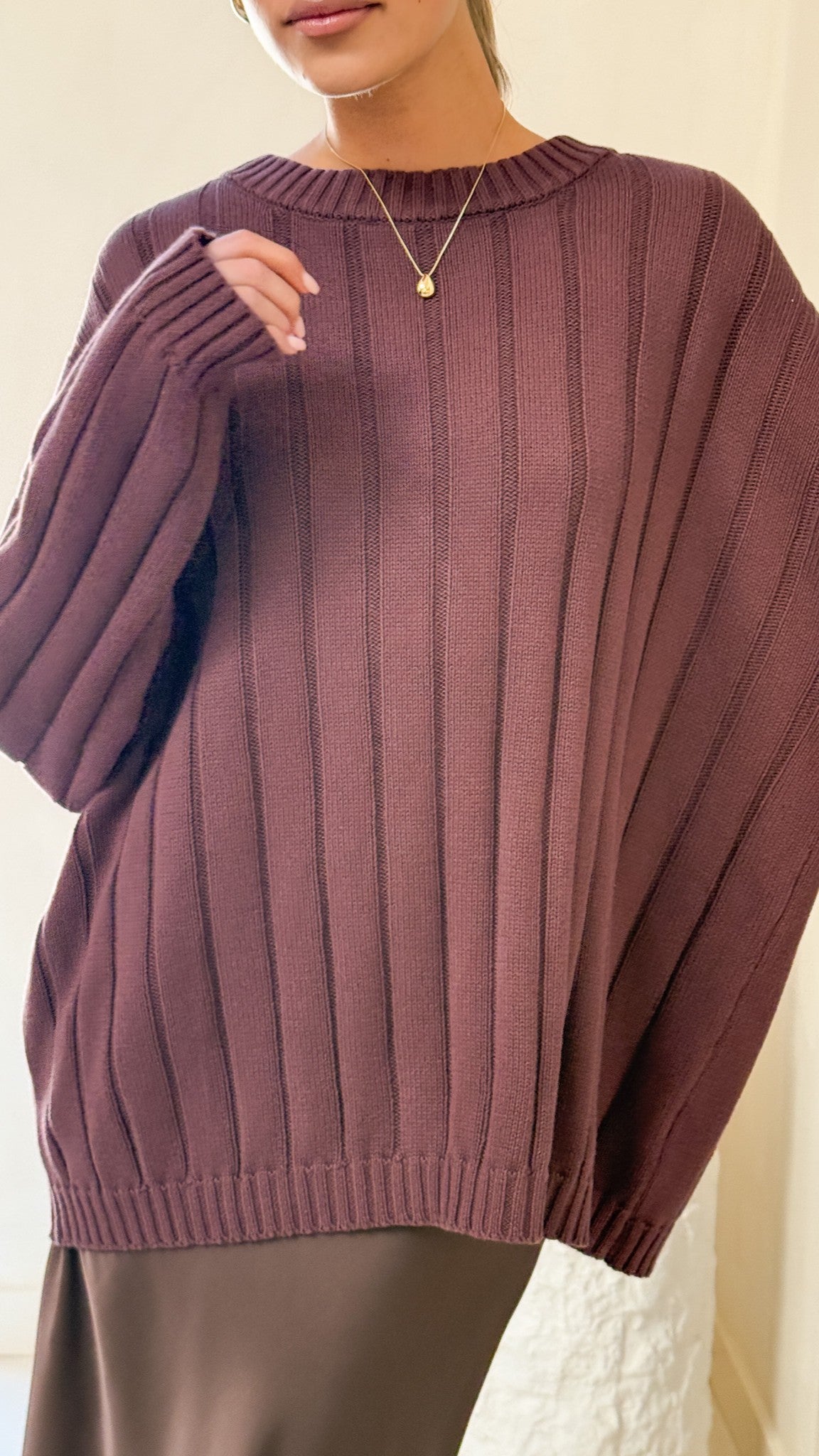Naiva Oversized Wide Rib Crew Neck Cotton Jumper – Brown – view 7