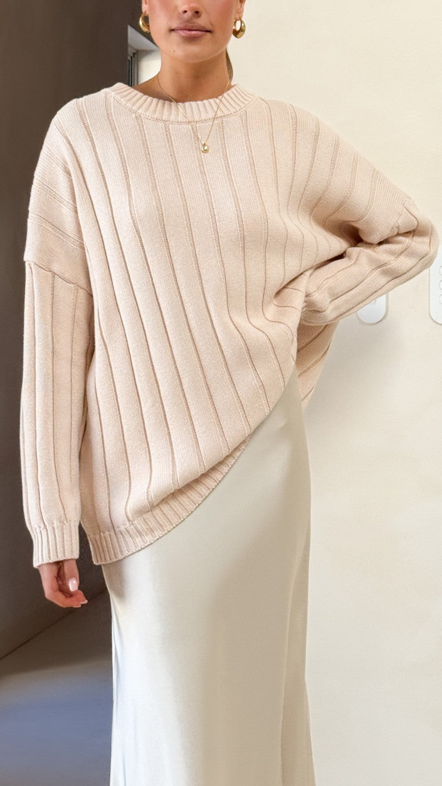 Naiva Oversized Wide Rib Crew Neck Cotton Jumper – Cream – view 7