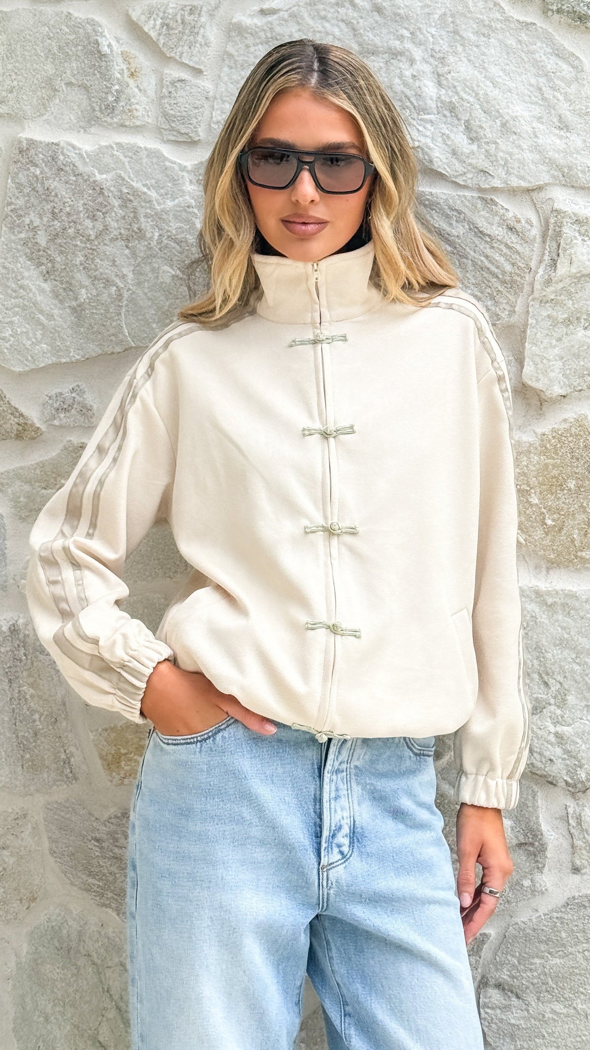 Lian Mandarin Collar Toggle Track Jacket with Racer Stripes – Beige – view 5