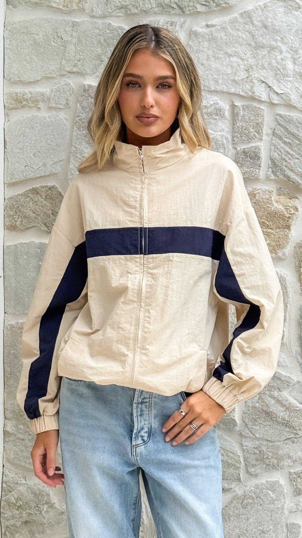 Ariella Funnel Neck Zip-Up Jacket with Toggle Hem – Beige/Navy – view 5