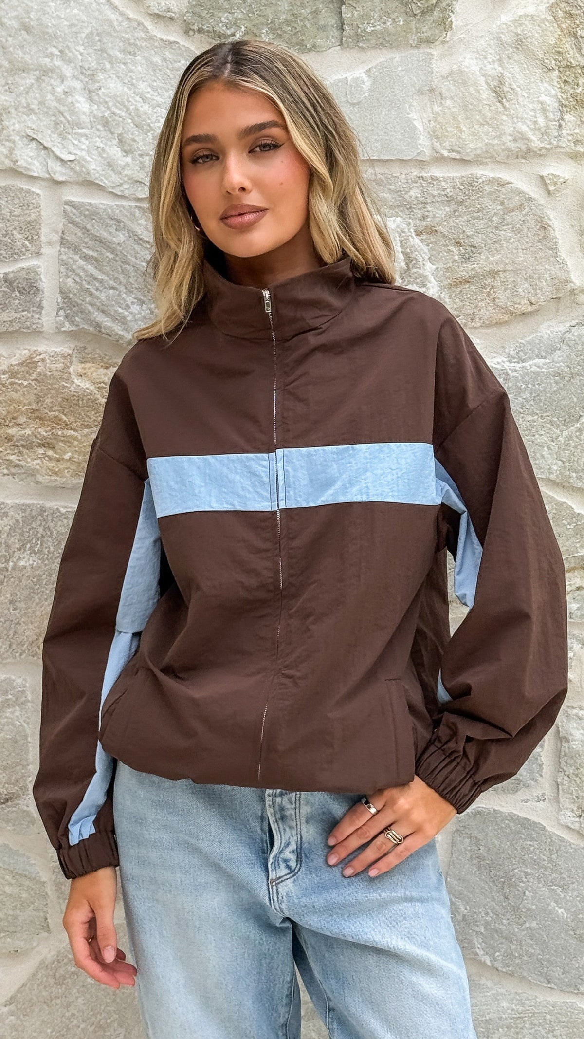 Ariella Funnel Neck Zip-Up Jacket with Toggle Hem – Chocolate/Blue – view 4