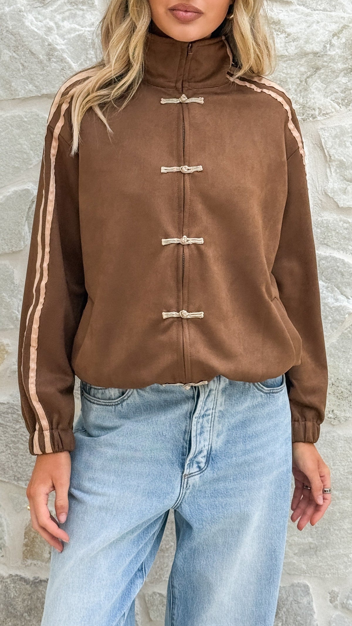 Lian Mandarin Collar Toggle Track Jacket with Racer Stripes – Chocolate – view 5