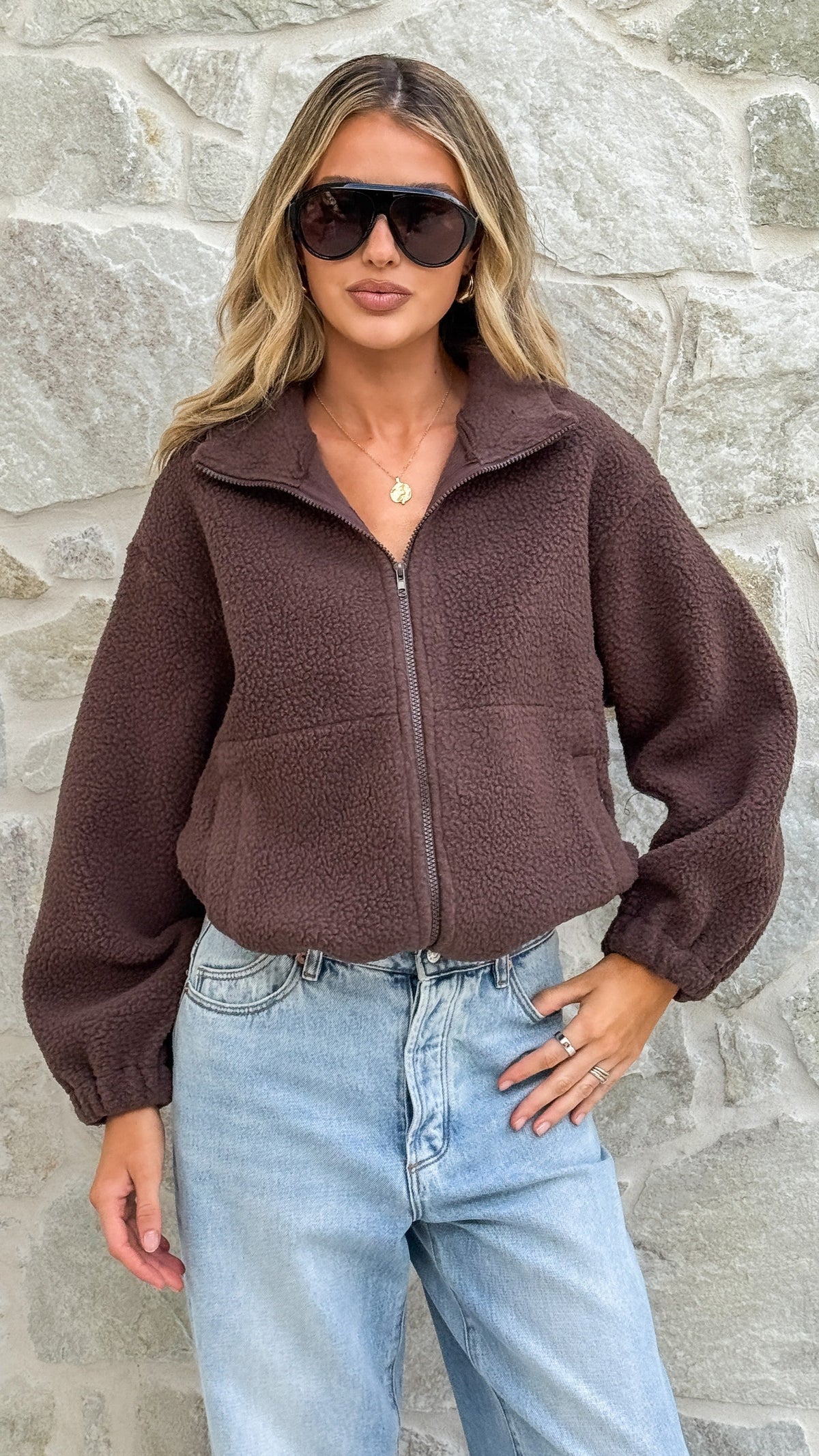 Maisie High Neck Zip-Up Teddy Jacket with Toggle Hem – Chocolate – view 5