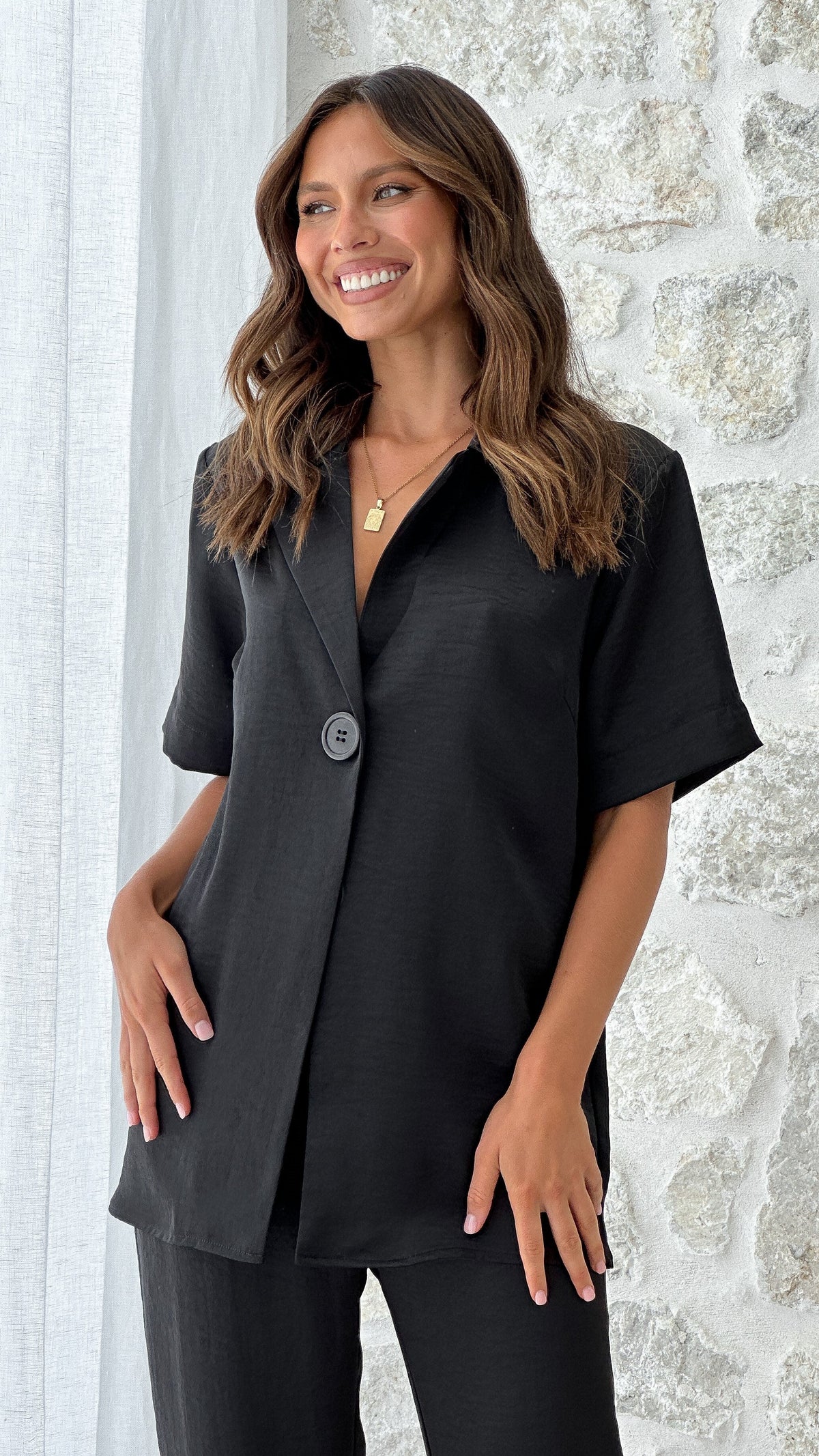 Imogen Polo Collar Boxy Oversized Short Sleeve Shirt – Black – view 7