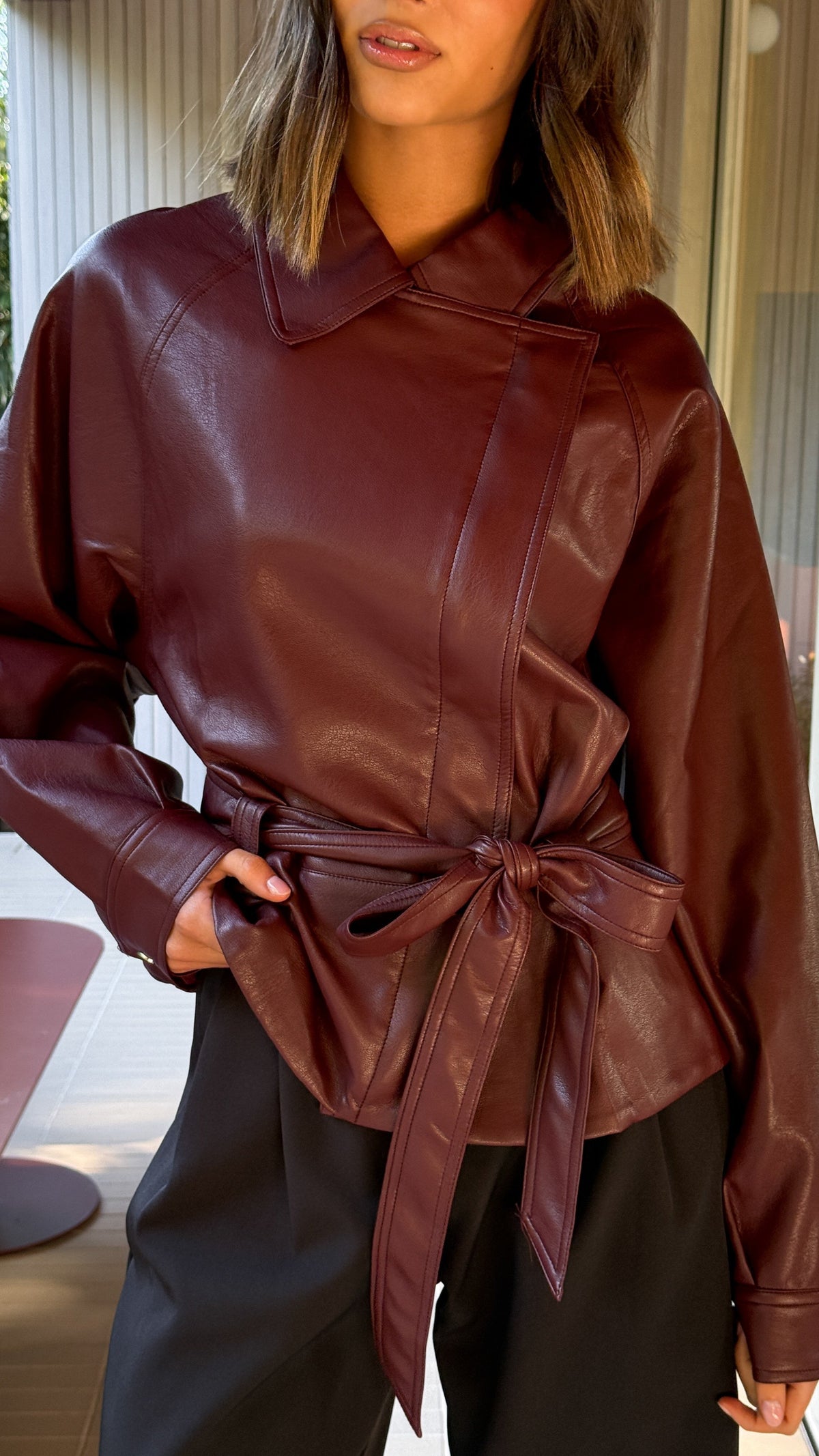 Marzia Collared Tie Waist Jacket with Zip and Button Front – Wine – view 5