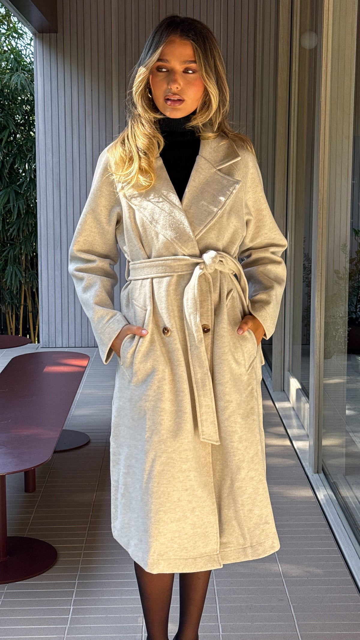 Marli Double-Breasted Longline Coat with Detachable Waist Tie – Cream