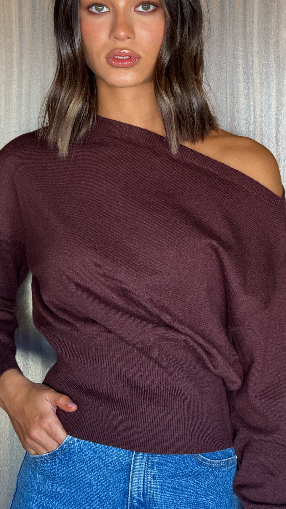 Talia Off Shoulder Long Sleeve Knit Top with Ribbed Cuffs – Chocolate – view 3