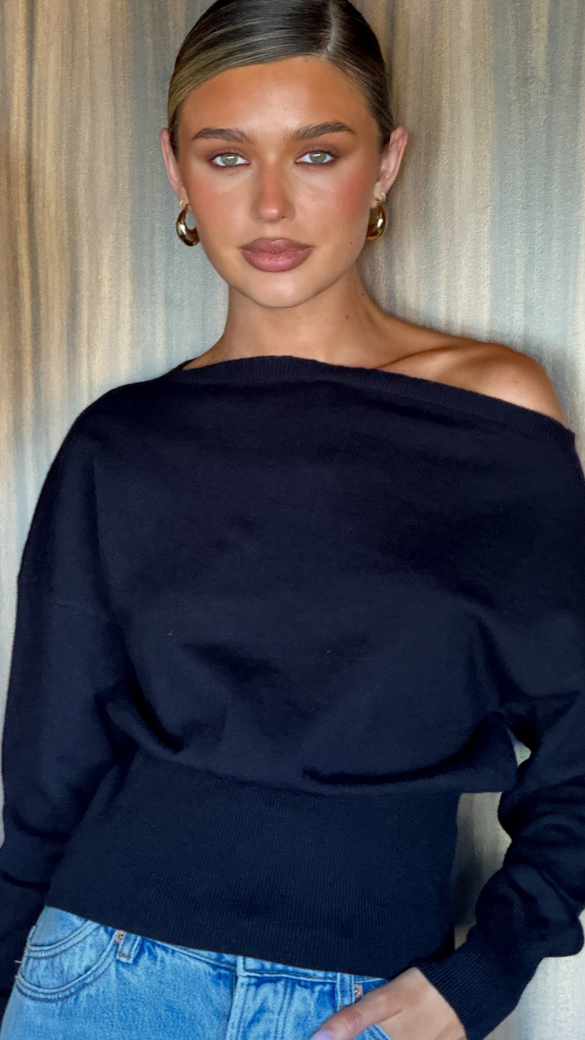 Talia Asymmetric Off Shoulder Knit Top with Elasticated Waist – Black – view 4