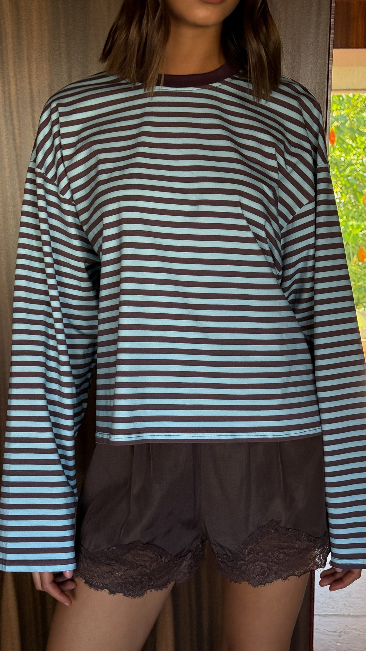 Solana Long Sleeve Top with Contrast Rib Crew Neck – Blue/Choc Stripe – view 6