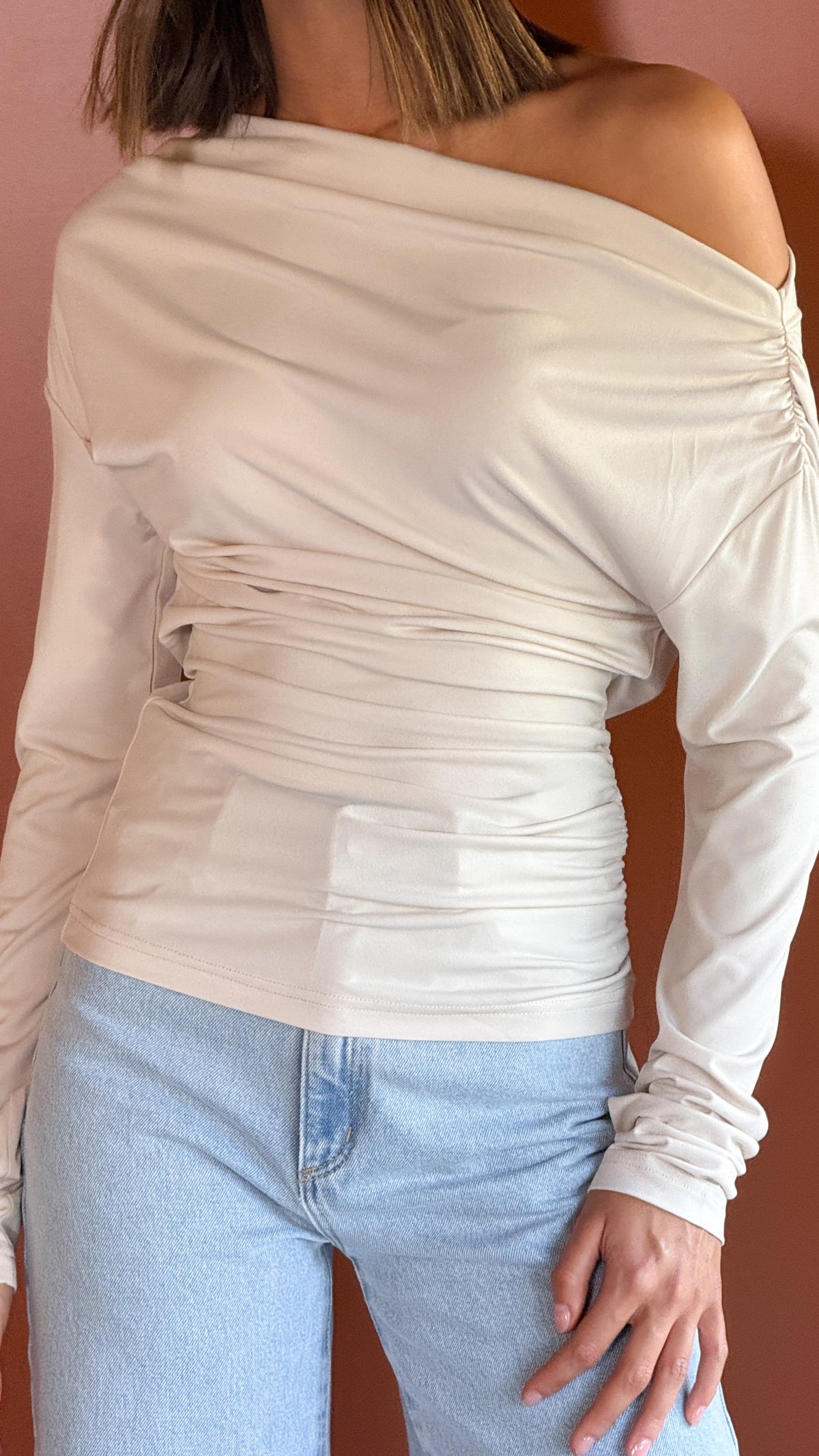 Sutton Long Sleeve Off Shoulder Top with Ruched Shoulders – Taupe – view 5