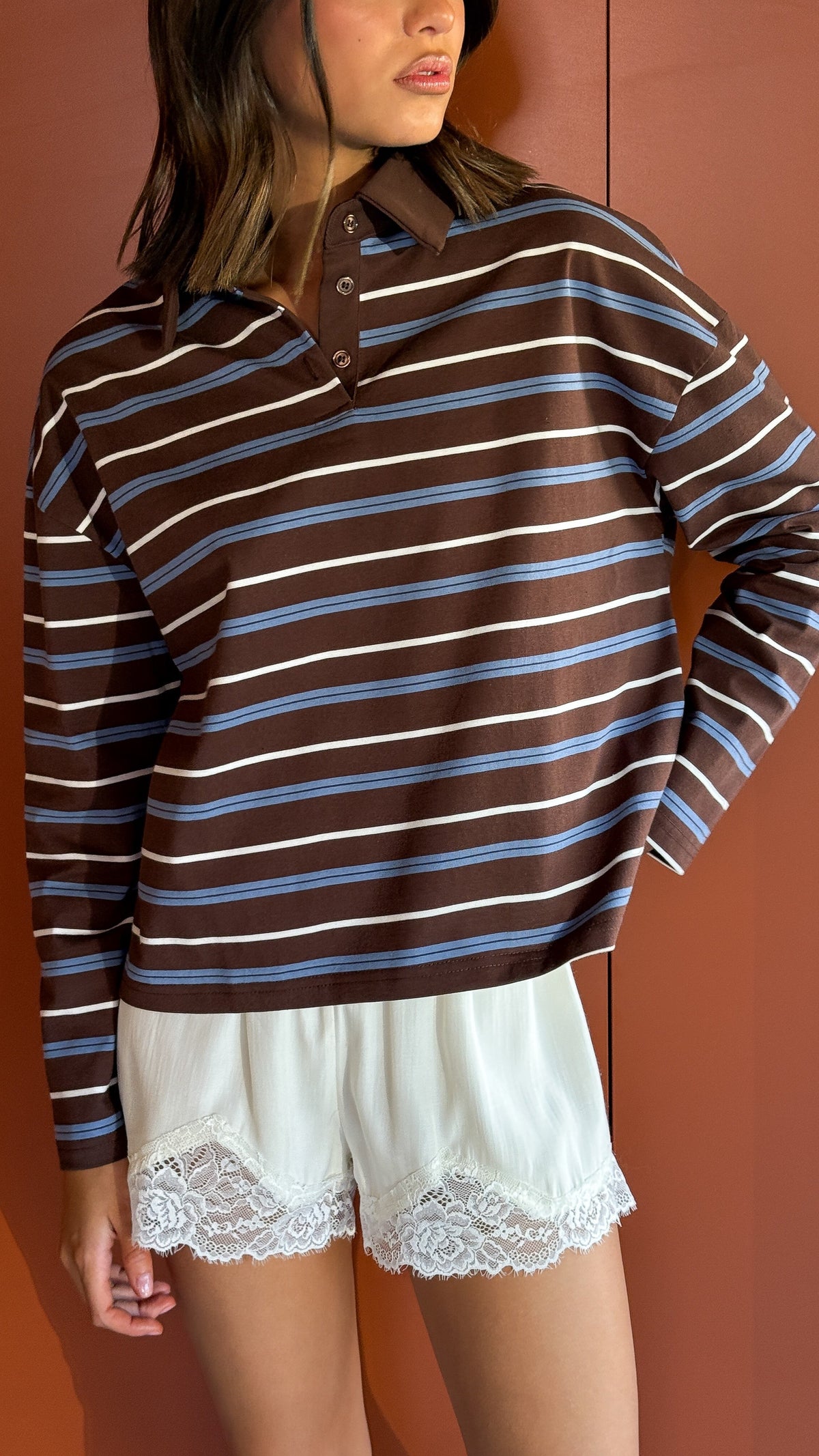 Isha Collared Button V-Neck Boxy Long Sleeve Top – Brown Stripe – view 3