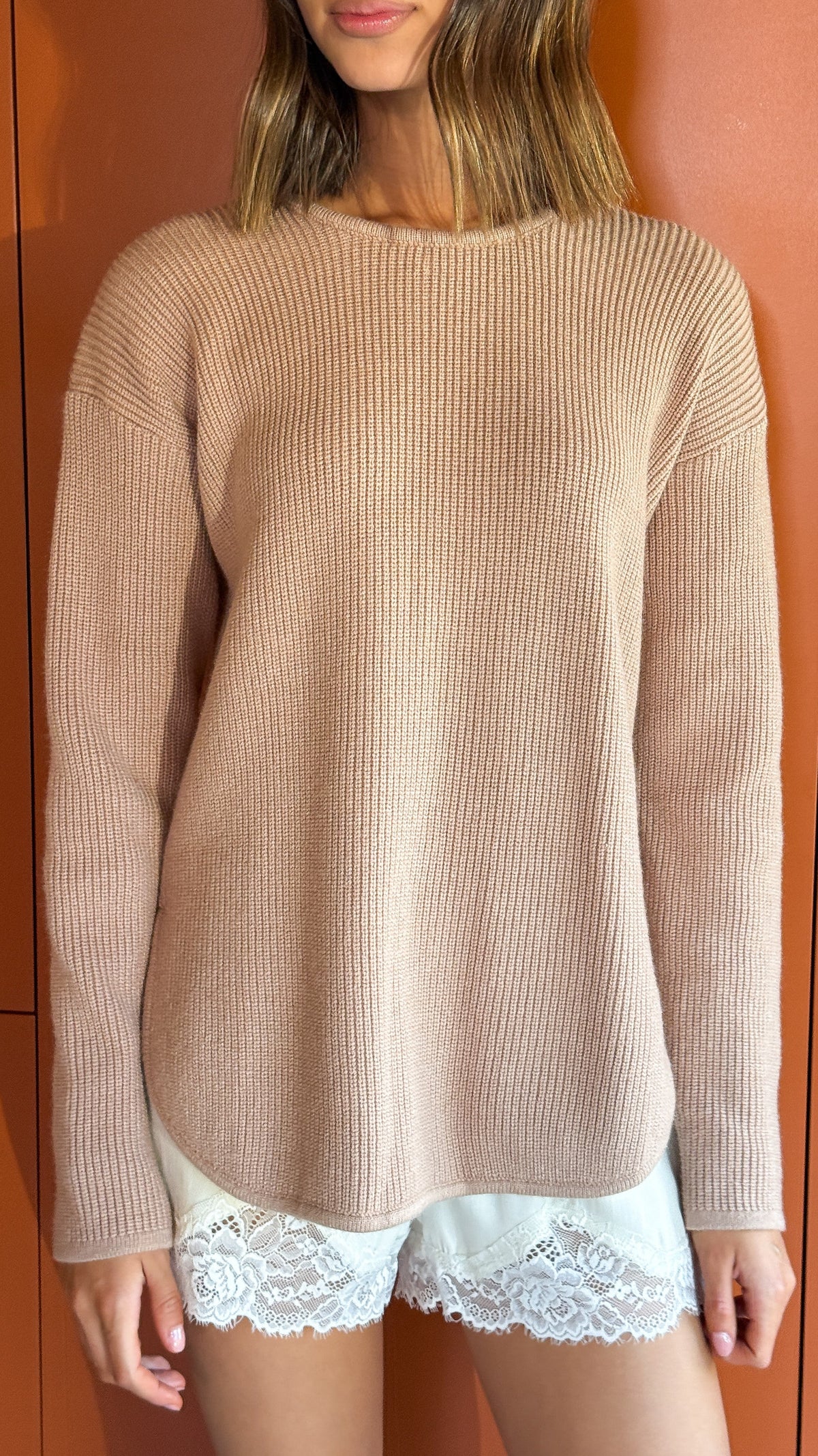 Kennedy Relaxed Crew Neck Rib Knit Jumper with Side Splits – Mocha – view 5