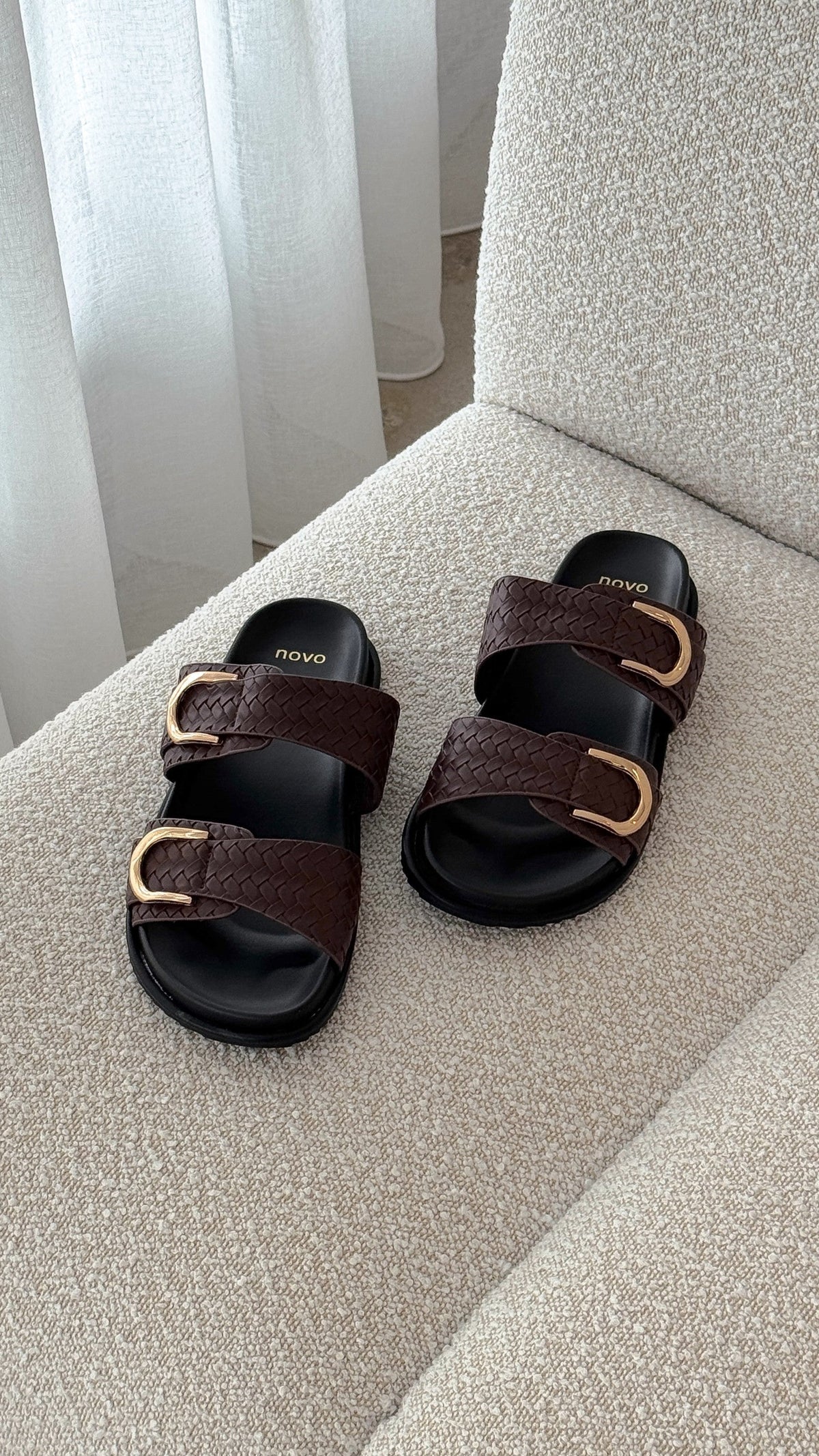 Rosalyn Dual Woven Strap Slides with Metallic Detail – Chocolate – view 1