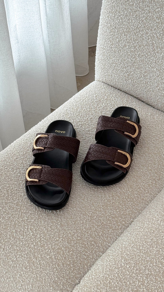 Rosalyn Dual Woven Strap Slides with Metallic Detail – Chocolate