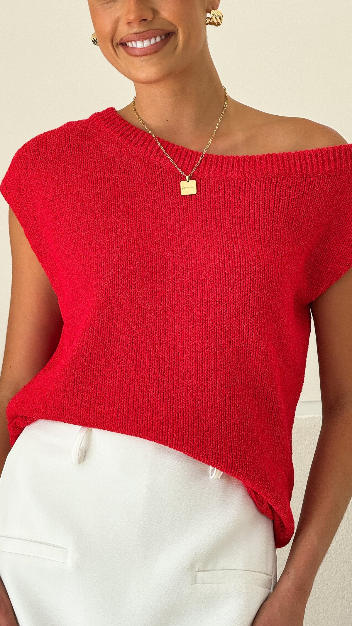 Amiri Off the Shoulder Sleeveless Stretch Knit Top – Red – view 5