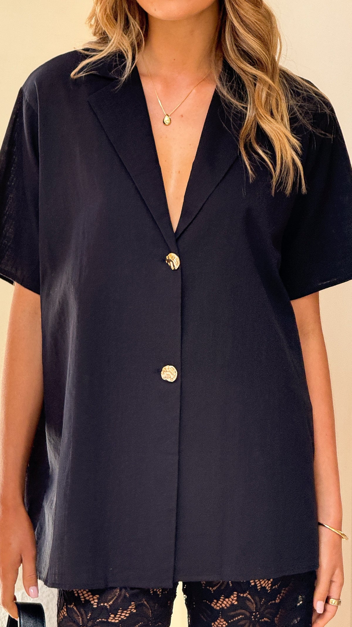 Azura V Neck Shirt and Sheer Lace Trousers Set – Black