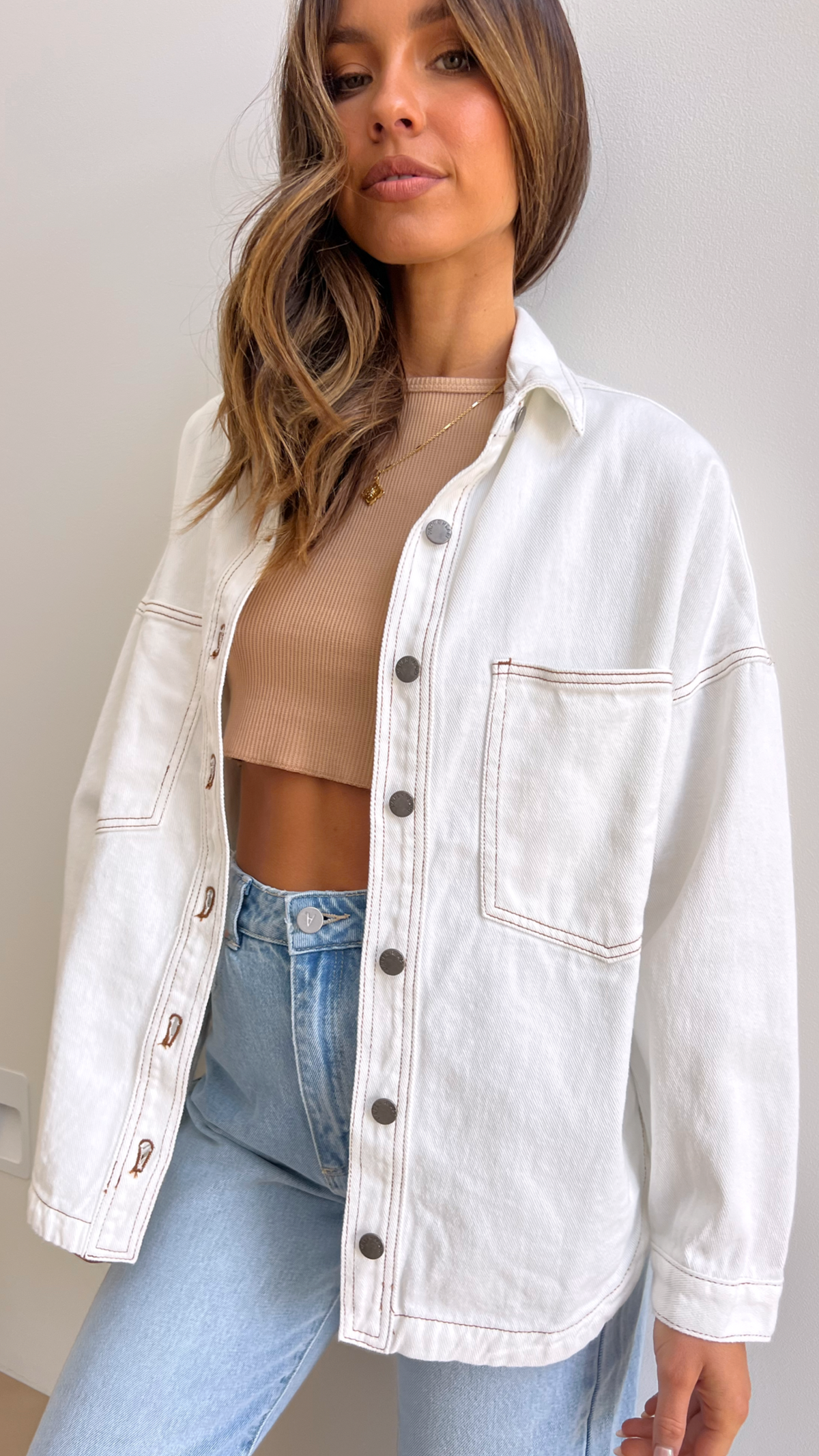 Ensley Oversized Collared Cotton Denim Jacket – White – view 1