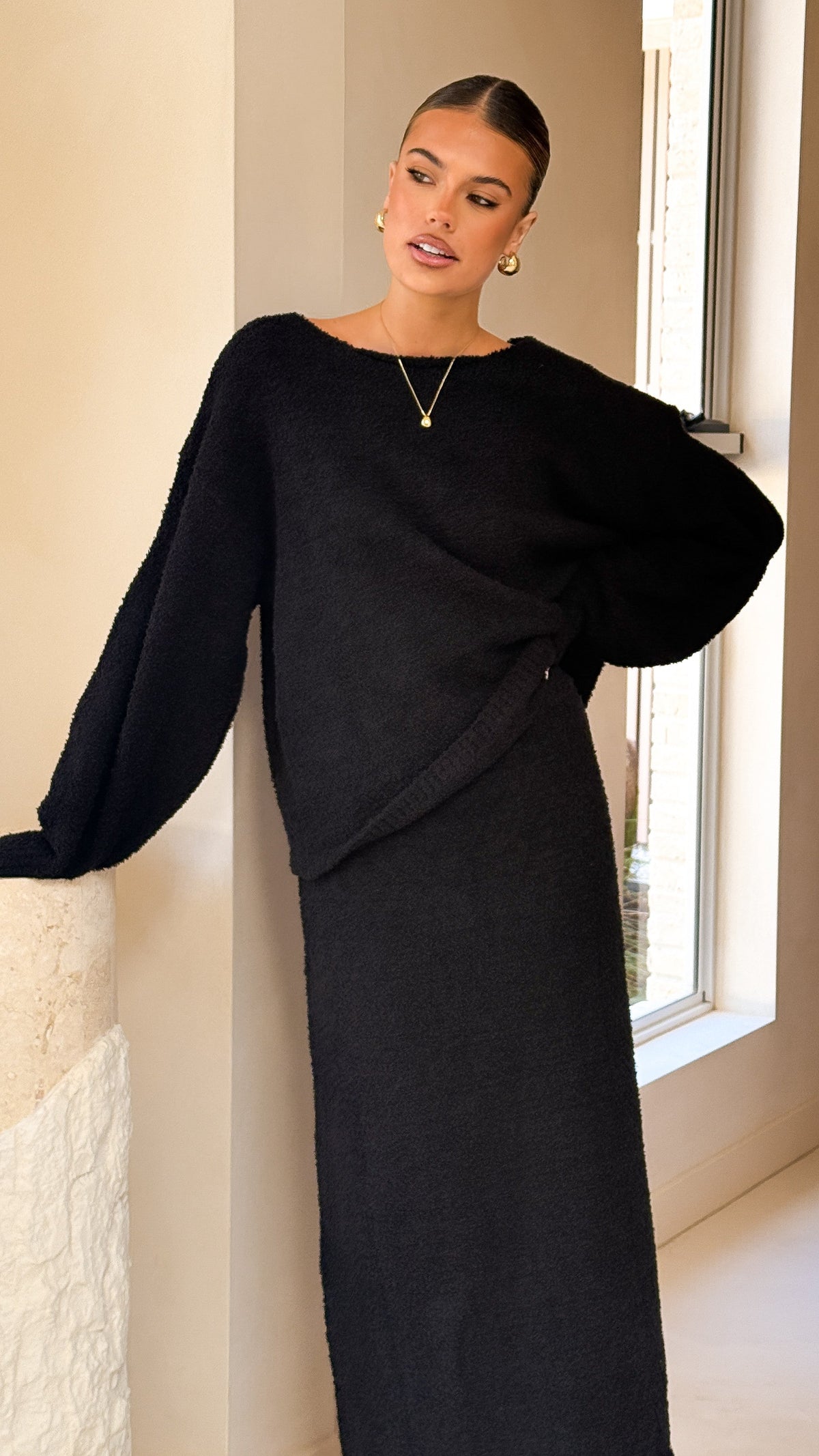 Cohen Elasticated Waist A-Line Knit Midi Skirt – Black