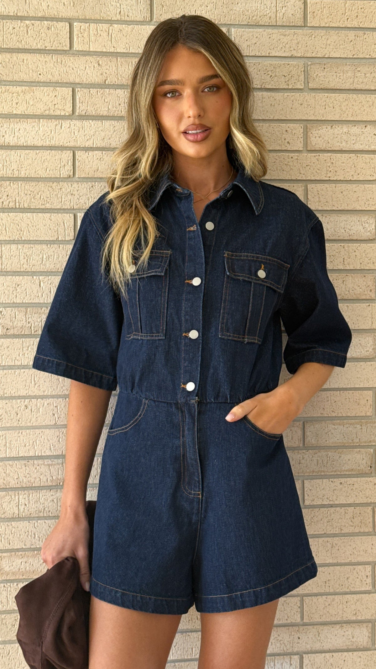 Rayla Collared Short Sleeve Denim Playsuit – Dark Blue – view 3