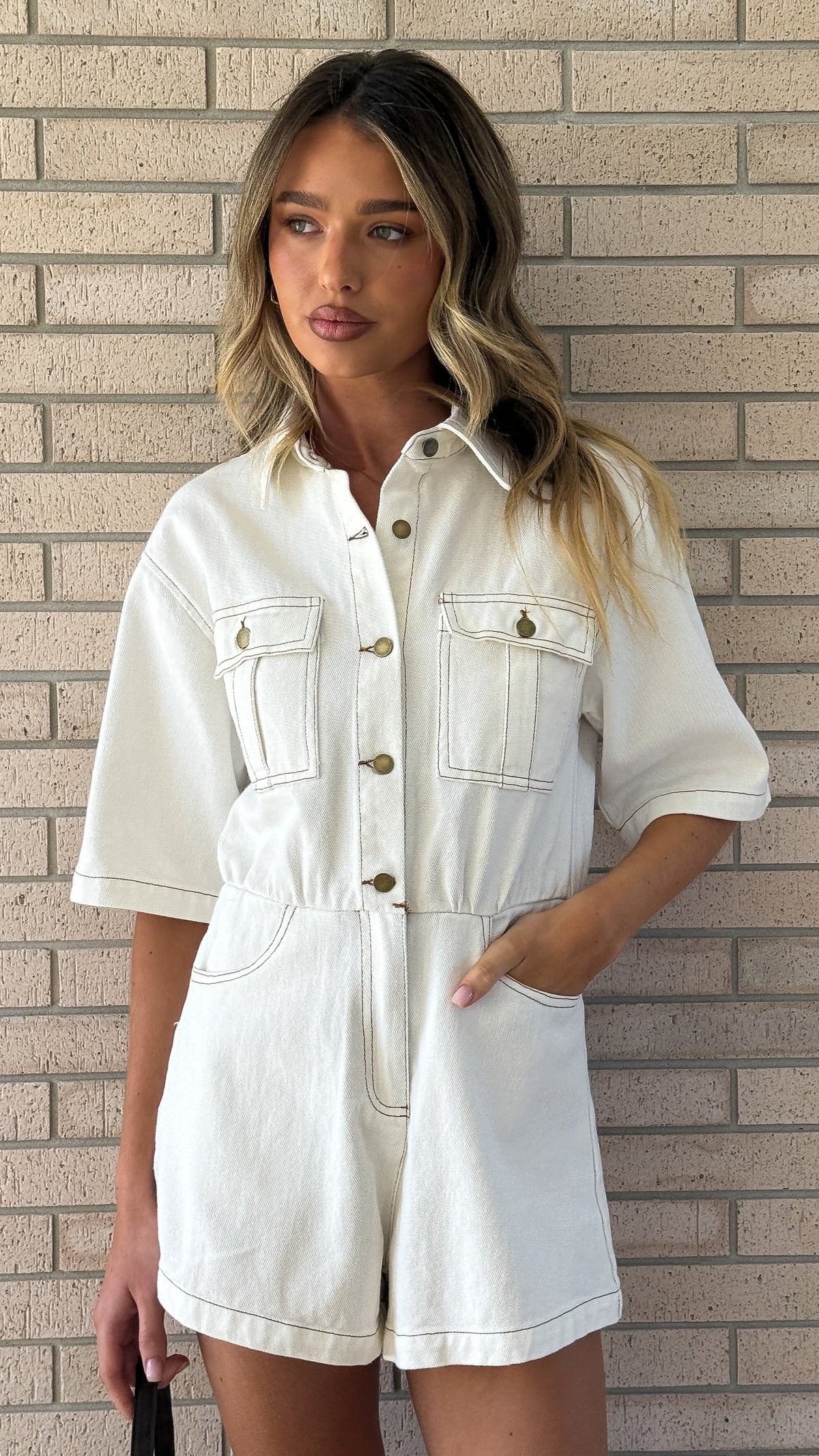 Rayla Collared Short Sleeve Denim Playsuit – White – view 3