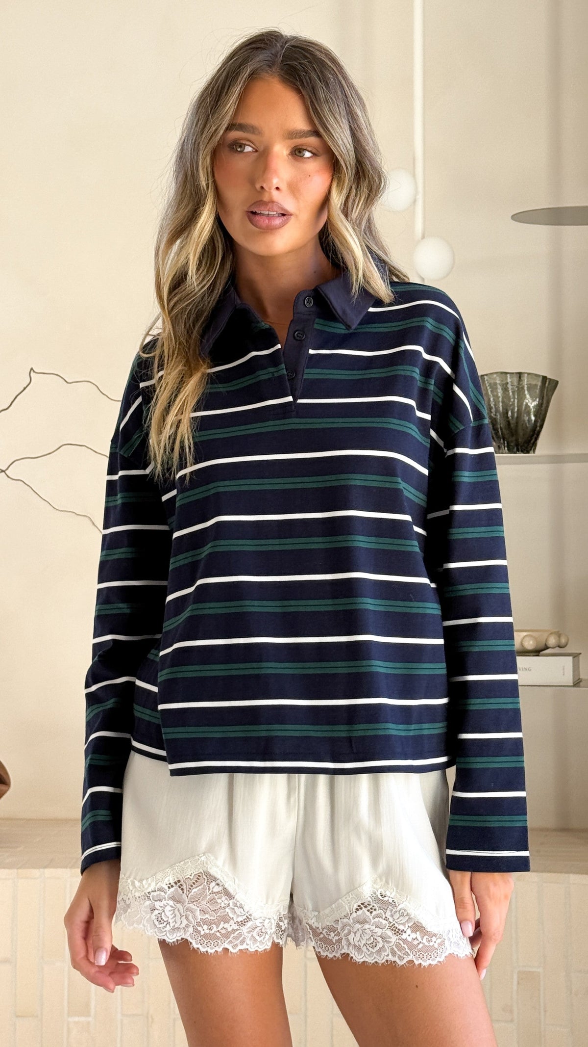 Isha Long Sleeve Collared Top with Button V-Neck – Navy Stripe