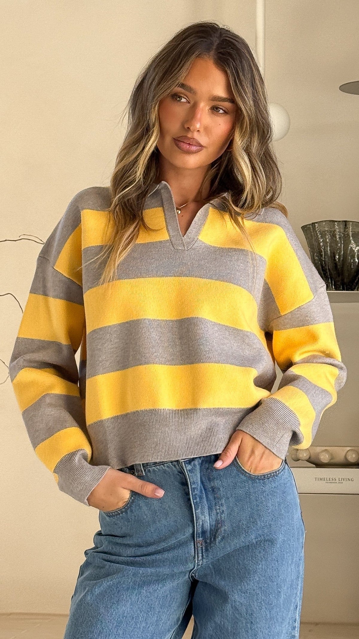 Kodi Collared V-Neck Boxy Knit Jumper – Yellow/Grey Stripe