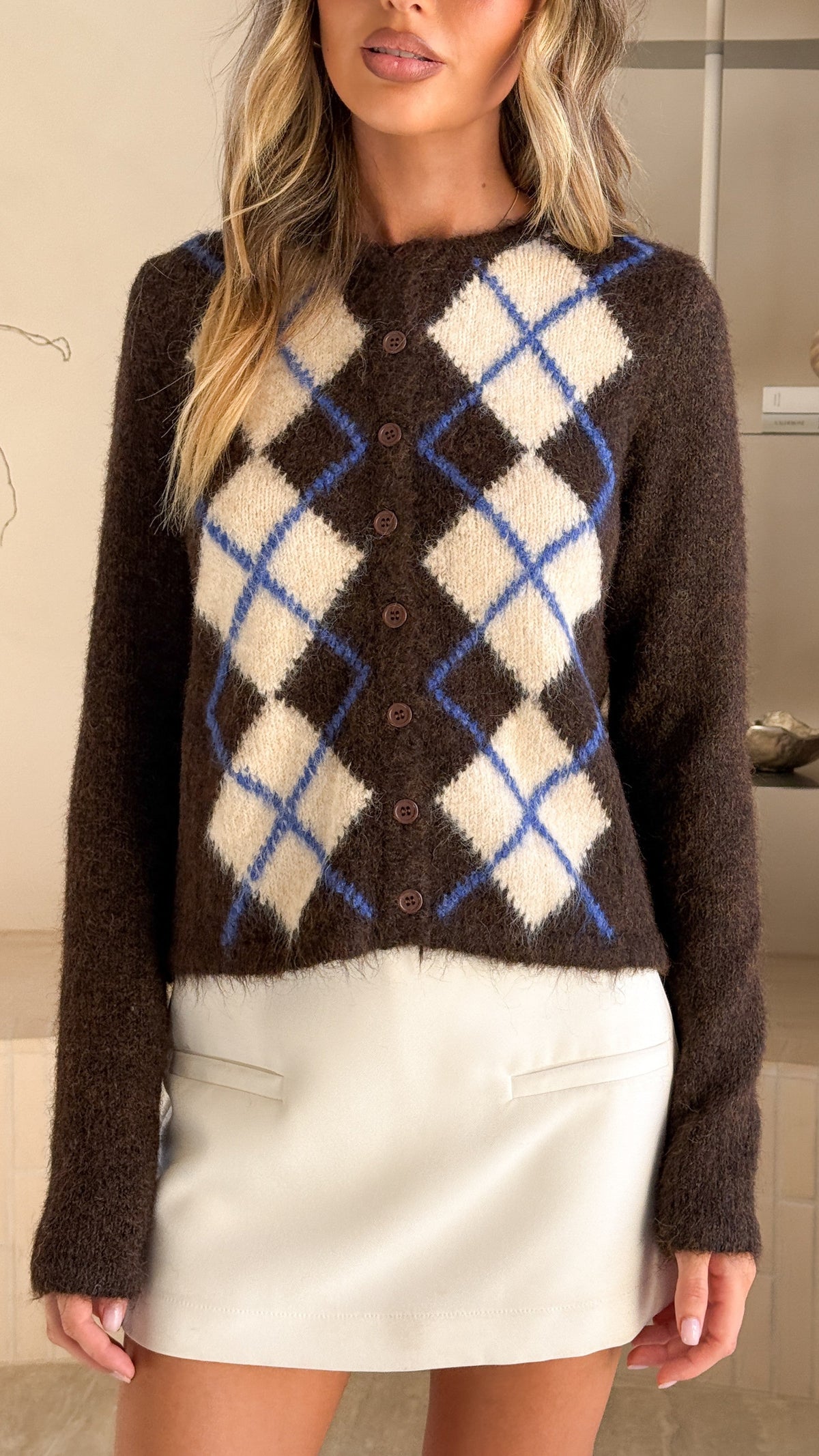 Amara Crew Neck Button-Up Cardigan with Diamond Print – Brown/Cream – view 4