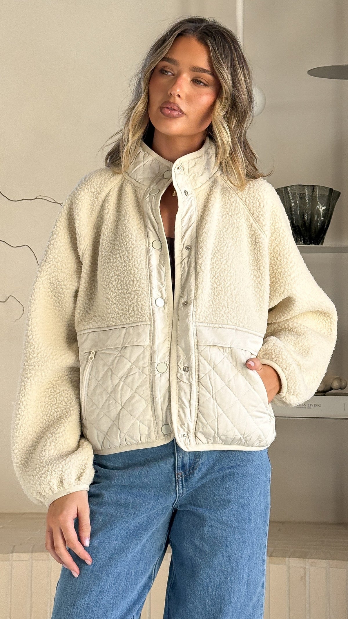 Brier Sherpa Quilted Jacket with High Neck and Press Studs – Cream – view 5