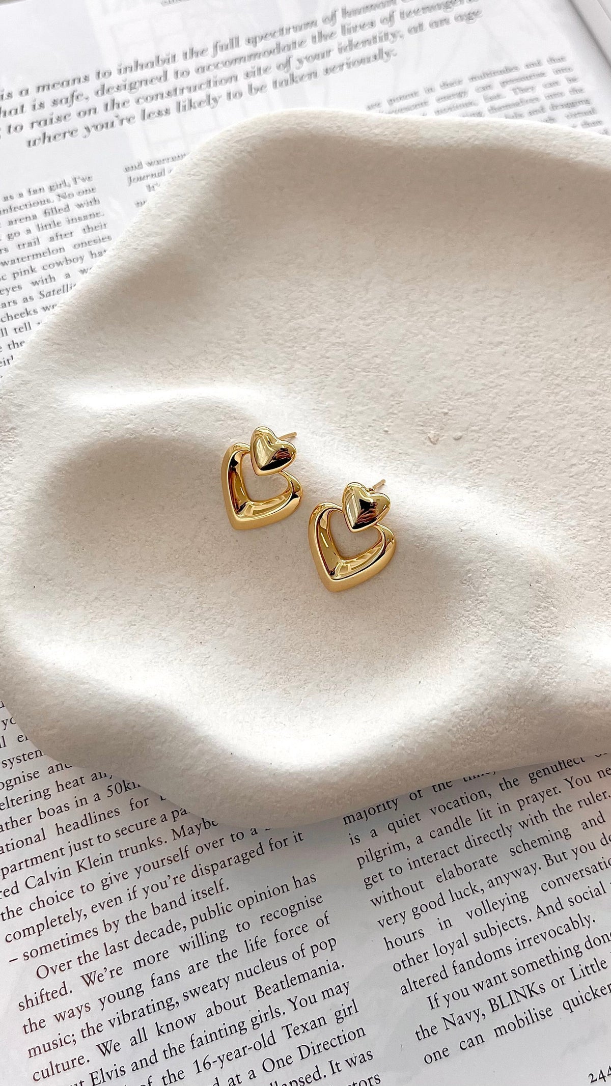 Saffi Double Heart Drop Earrings with Stud Back – Gold – view 2