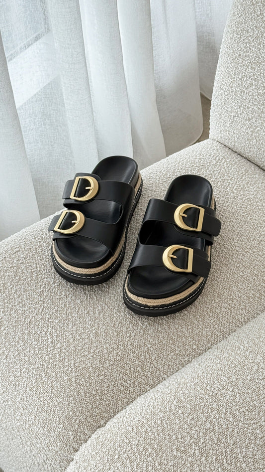 Anora Chunky Platform Twin Strap Buckle Slides – Black