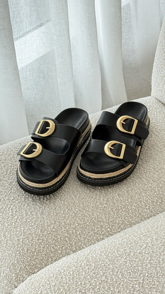 Anora Chunky Platform Twin Strap Buckle Slides – Black