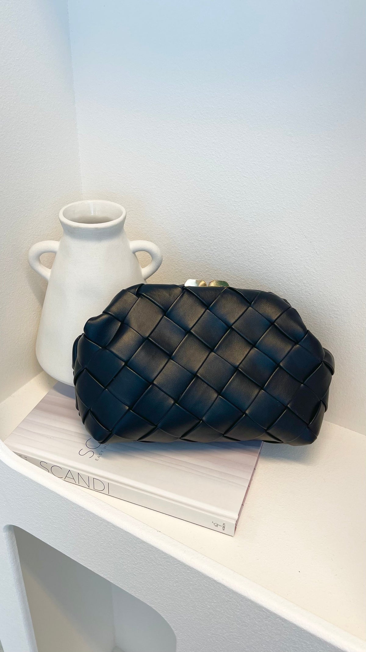 Vasanti Woven PU Clutch with Gold Top Clip Closure – Black – view 3