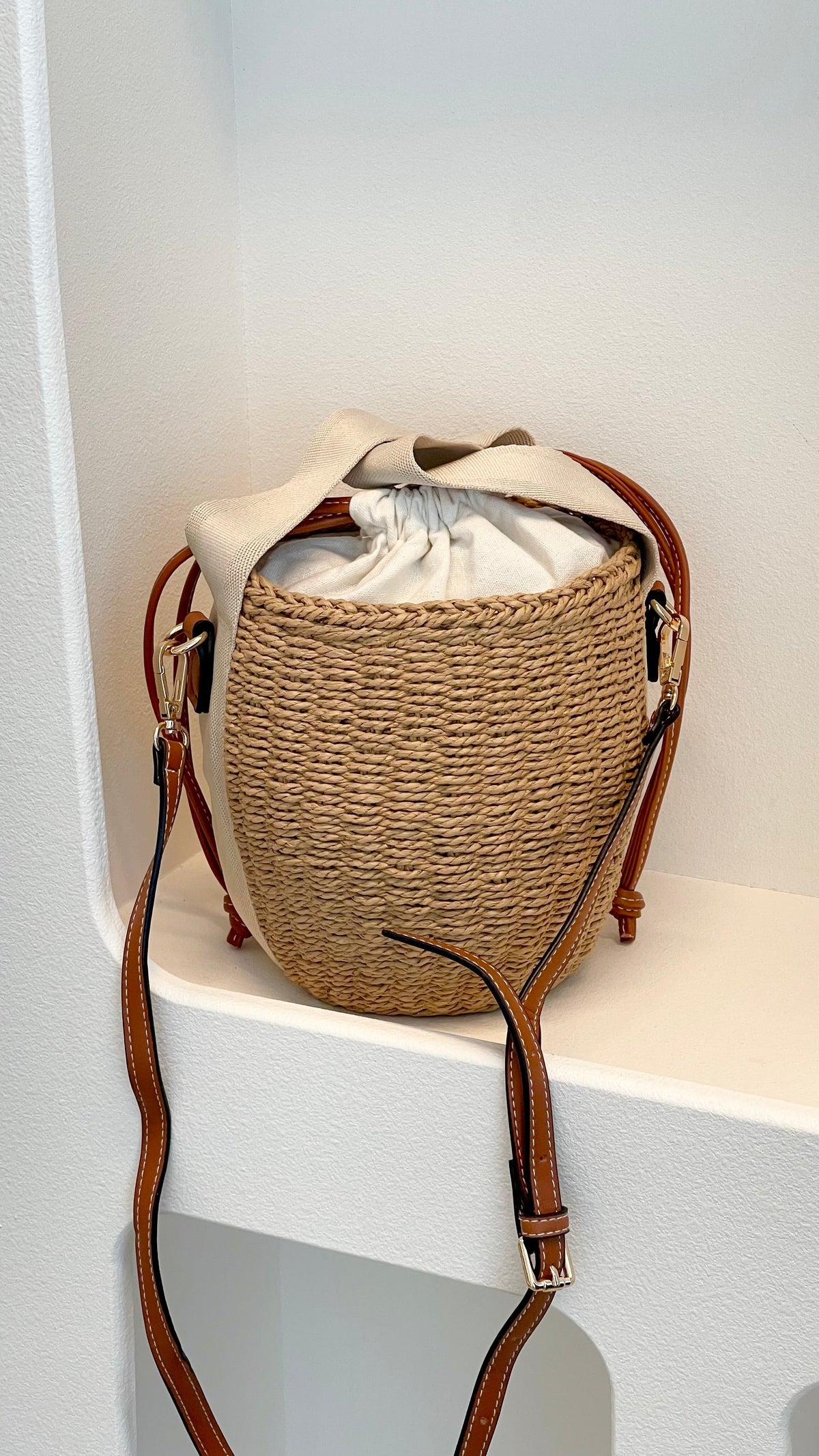 Cleo Woven Paper Bucket Bag with Drawstring Closure – Natural/Tan – view 5