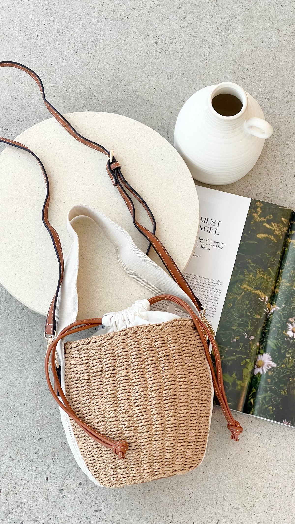 Cleo Woven Paper Bucket Bag with Drawstring Closure – Natural/Tan